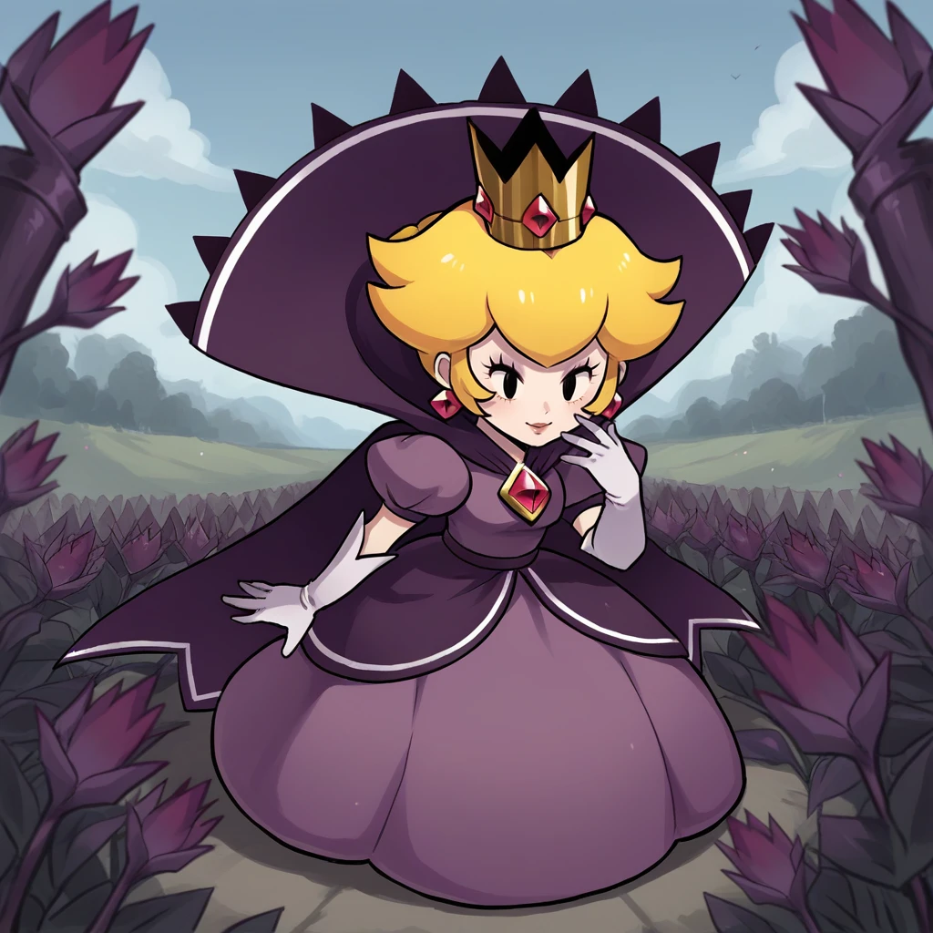 score_9, score_8_up, score_7_up, score_6_up, score_5_up, score_4_up, zPDXL2,source_anime,rating_questionable,  <lora:Shadow_Queen_Peach:0.8> sh4dp3ach, princess peach, blonde hair, short hair, purple dress, puffy short sleeves, white gloves, cape, crown, jewelry, prostration, vineyard