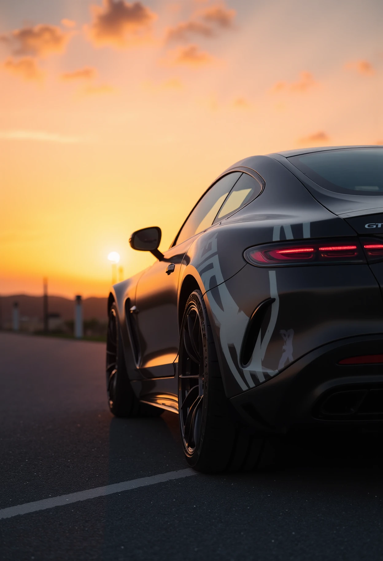 from the side, black dvr-mercedes-amg-gt63se with white stripes against the sunset <lora:fixed_dvr-mercedes-amg-gt63se:1>