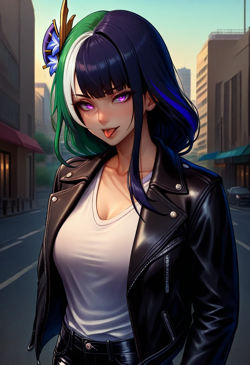 masterpiece, best quality, 1boy, solo, <lora:NSMelionPalHairIllu:1> NSMelionPalHair, green hair, black hair, white hair, multicolored hair, raiden_shogun, leather jacket, white shirt, black pants, leather pants, city, hair ornament, tongue out, collarbone