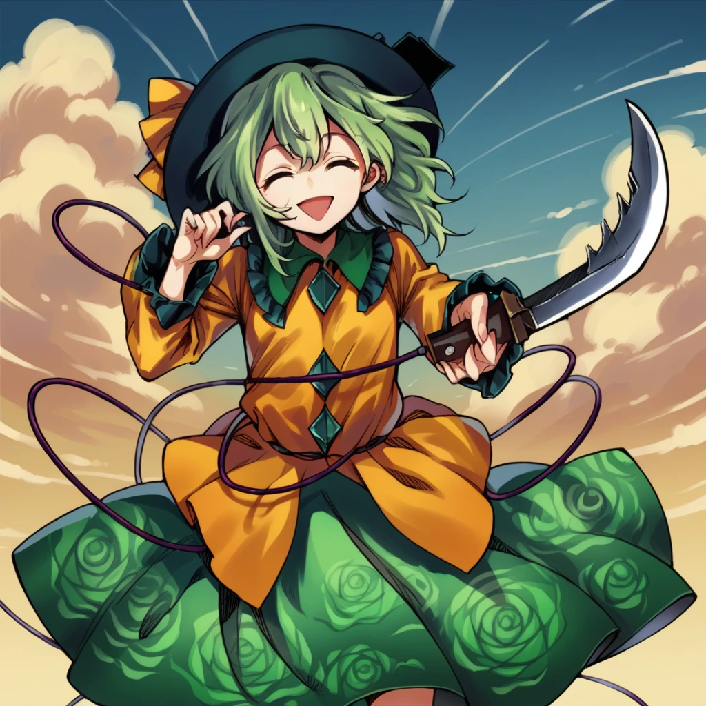 score_9_up, score_8_up, score_7_up, source_anime, clouds, sky, sun light, 1girl, solo, standing, open mouth, hand up, holding knife, head tilt, smile, closed eyes, green eyes, green hair, short hair, komeiji koishi, orange shirt, green skirt, floral print, sleeves past wrists, jewelry, gem, hat ribbon, hat, frills, dynamic cowboy shot, sky background,