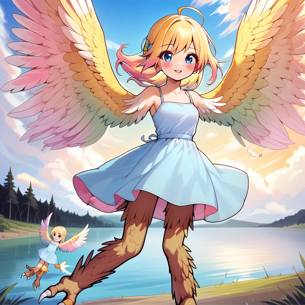 winged arms,harpy,flying,pink sundress,lake,sky,cloud,blue eyes,yellow hair,pastel feathers,