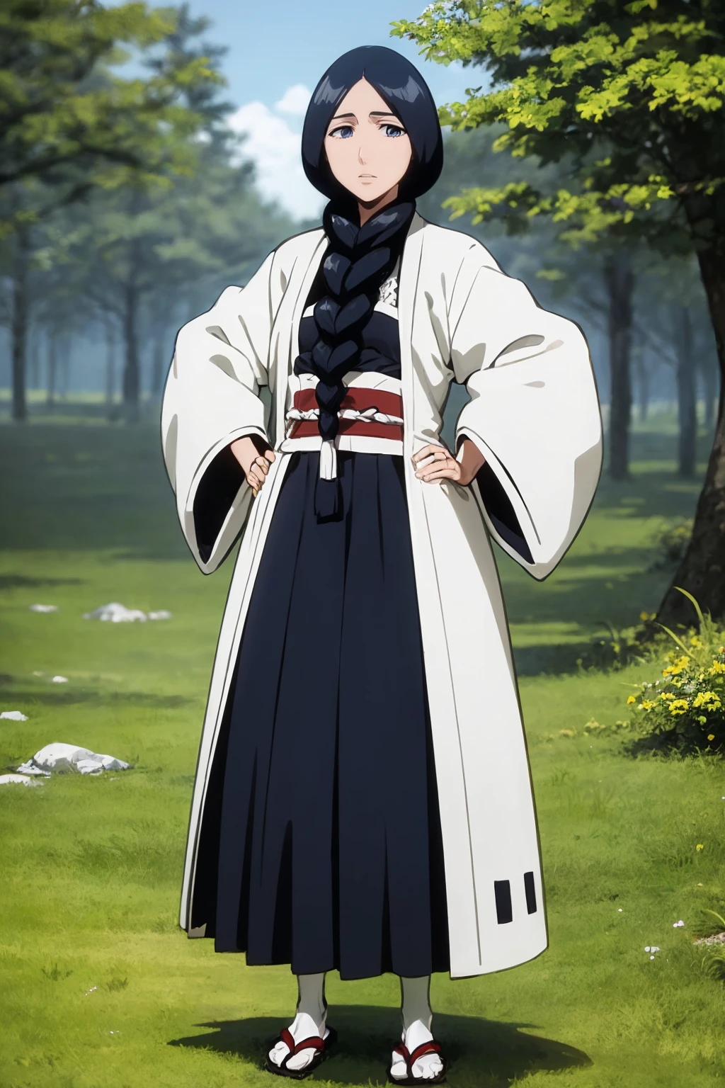 masterpiece, best quality,
1girl, unohanaretsu, black hair, long hair, blue eyes, braid,
haori, japanese clothes, kimono, tabi,
hands on hips, standing, full body, solo, looking at viewer, trees, jungle background, <lora:RetsuUnohana_byKonan:1>