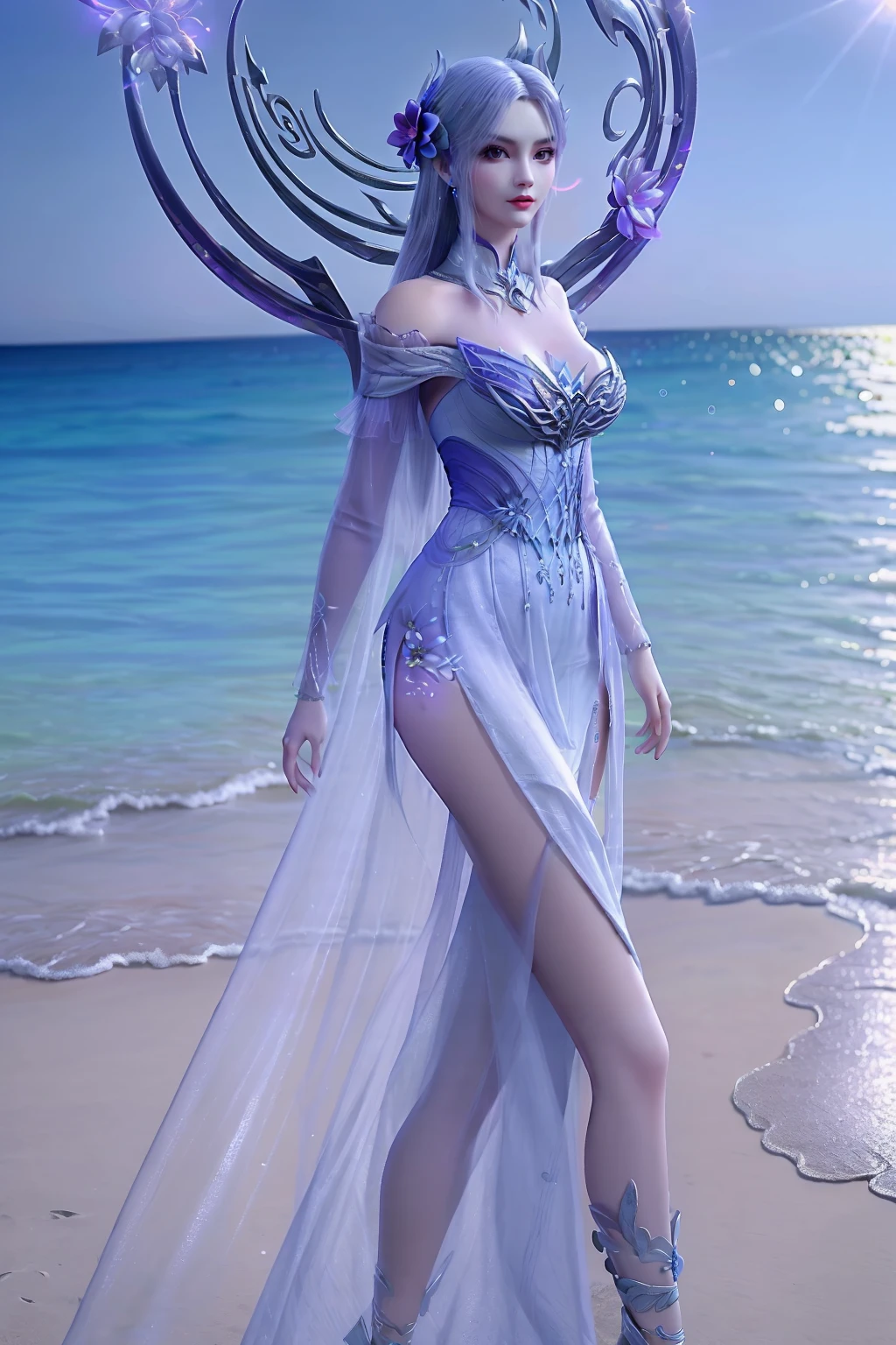 masterpiece,best quality,8k,absurdres,highres,
<lora:å°å»ä»-vision:0.7>,xiaoyixian,1girl,solo,purple dress,((silver circle:1.2)),breasts,((glowing flower:1.2)),((hair ornament:1.3)),closed mouth,looking at viewer,long dress,pale skin,(side slit:1.2),
(sparkle:1.2),(glitter:1.1),(sunlight:1.2),slim legs,high heels,wind lift,water,beach,