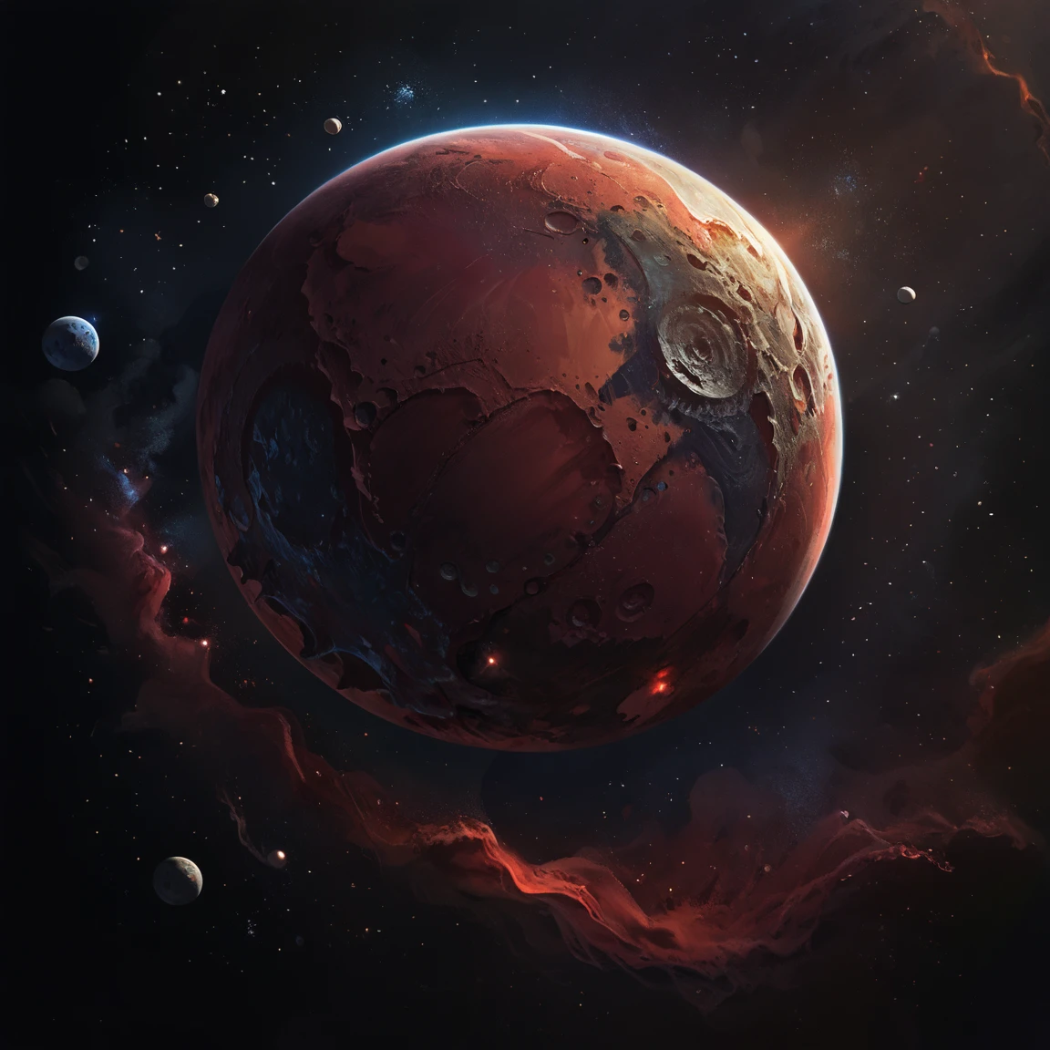 score_9, score_8_up, score_7_up, score_6_up, 0u73r5p4c3, space, planet, red colors, intricate, depth of field, cinematic lighting, aesthetic