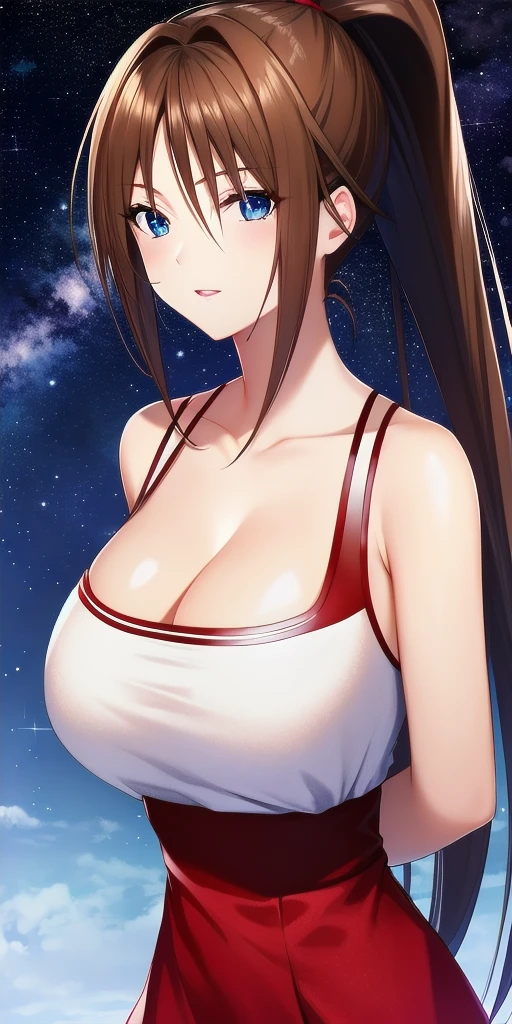 <lora:SatsukiV3:0.7> kitaooji_satsuki_high_ponytail, huge_breasts, standing, solo, arms_behind_back, starry_sky, red_dress,, masterpiece, best_quality, detailed_face, detailed_eyes, highres, beautiful, detailed, absurdres,