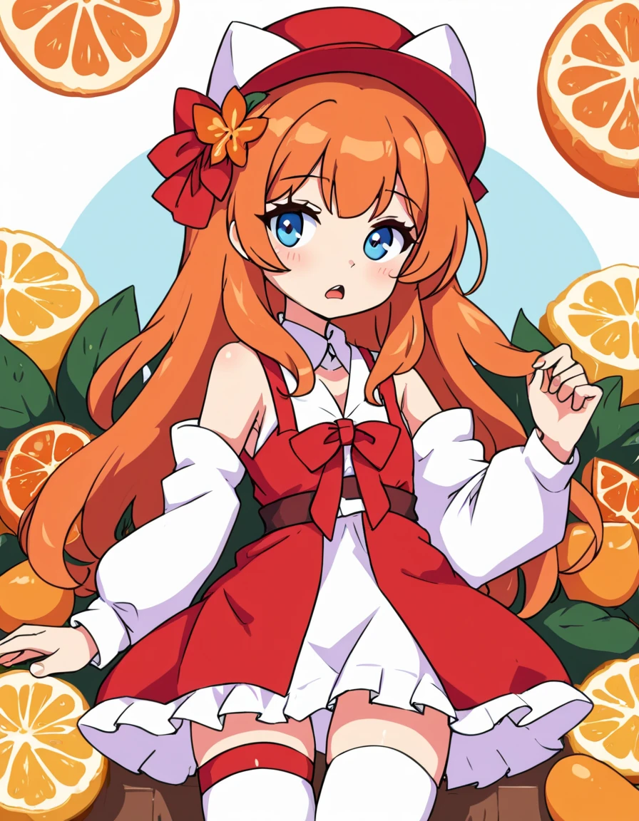 <lora:arcadiaXLP:1> arcadia, kawaii, 1girl, solo
blue eyes, hat, orange hair, thighhighs, fruit, hair bow, food focus, red eyes, thigh strap, ribbon, hair flower