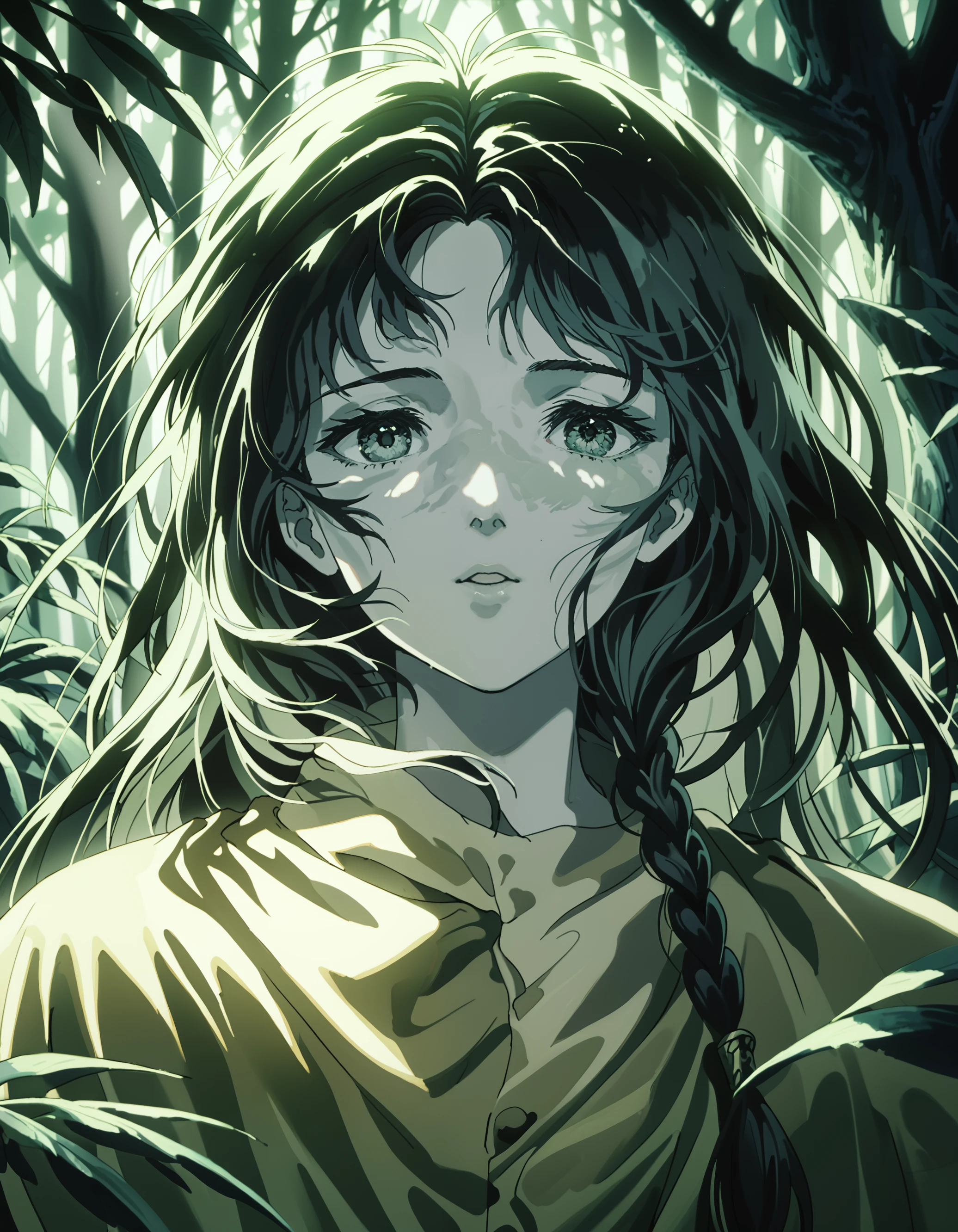 (Masterpiece:1.3), (best quality:1.2), score_9_up, score_8_up, score_7_up, 4angel_e99, 1man,black hair, solo, forest theme, eyes gently closed, monochrome palette, green accents, hair gently floating as if caught by a soft breeze, side braid, standing in a mystical forest with towering ancient trees, sunlight filtering through the dense canopy, upper body in focus, soft lighting casting dappled shadows, parted lips as if in quiet contemplation, delicate leaves swirling in the wind around her, serene and peaceful atmosphere, fluid motion of her hair and leaves, ethereal and dreamlike mood, high contrast, soft reflections, capturing the tranquility and mysticism of nature, <lora:Angel_egg:0.8>, <lora:add-detail-xl:1.5>, <lora:Abstract:0.5>