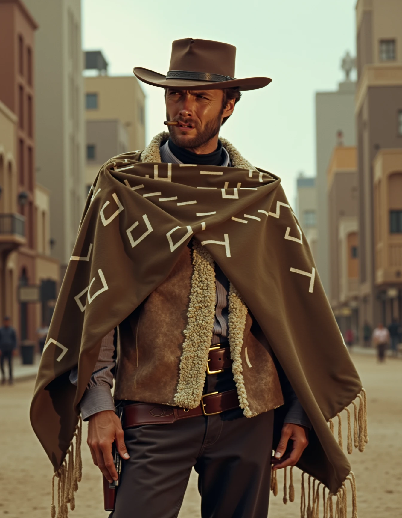 manwithnoname standing against a futuristic western city background, wearing a brown wide-brimmed hat, a long-sleeve shirt, dark pants, and a brown leather vest with fleece and is draped with a brown patterned poncho over his shoulder. In his mouth, he smokes a cigar, and on his hip, he wears a holster with a revolver.
<lora:manWithNoNameFlux:1>