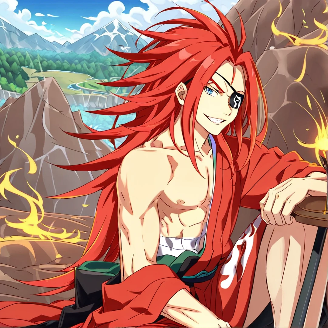 <lora:ReidAstrea:1>, reid, had waist length, fiery red hair, sky blue eyes, with a muscular body, he wore a crimson kimono, which he only wore half of, leaving the right side uncovered, a white sarashi around his body, and a black eye patch over his left eye, that has an ugly pattern, solo, on a mountain, cliffs, animals