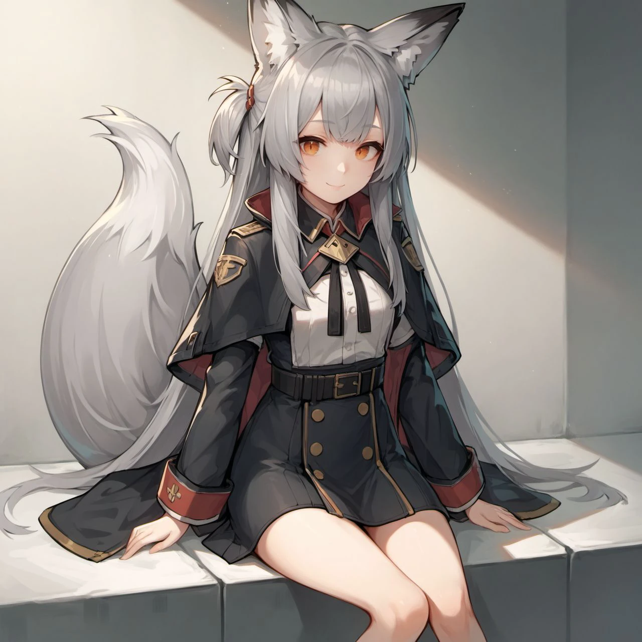 score_9, score_8_up, score_7_up, score_6_up, miho, fox ears, fox tail,
1girl, solo, long hair, smile, bangs, black hair, long sleeves, animal ears, sitting, very long hair, closed mouth, grey hair, belt, skirt, capelet, uniform, orange eyes, military, black coat
<lora:miho_race_v1-000006:0.8>,