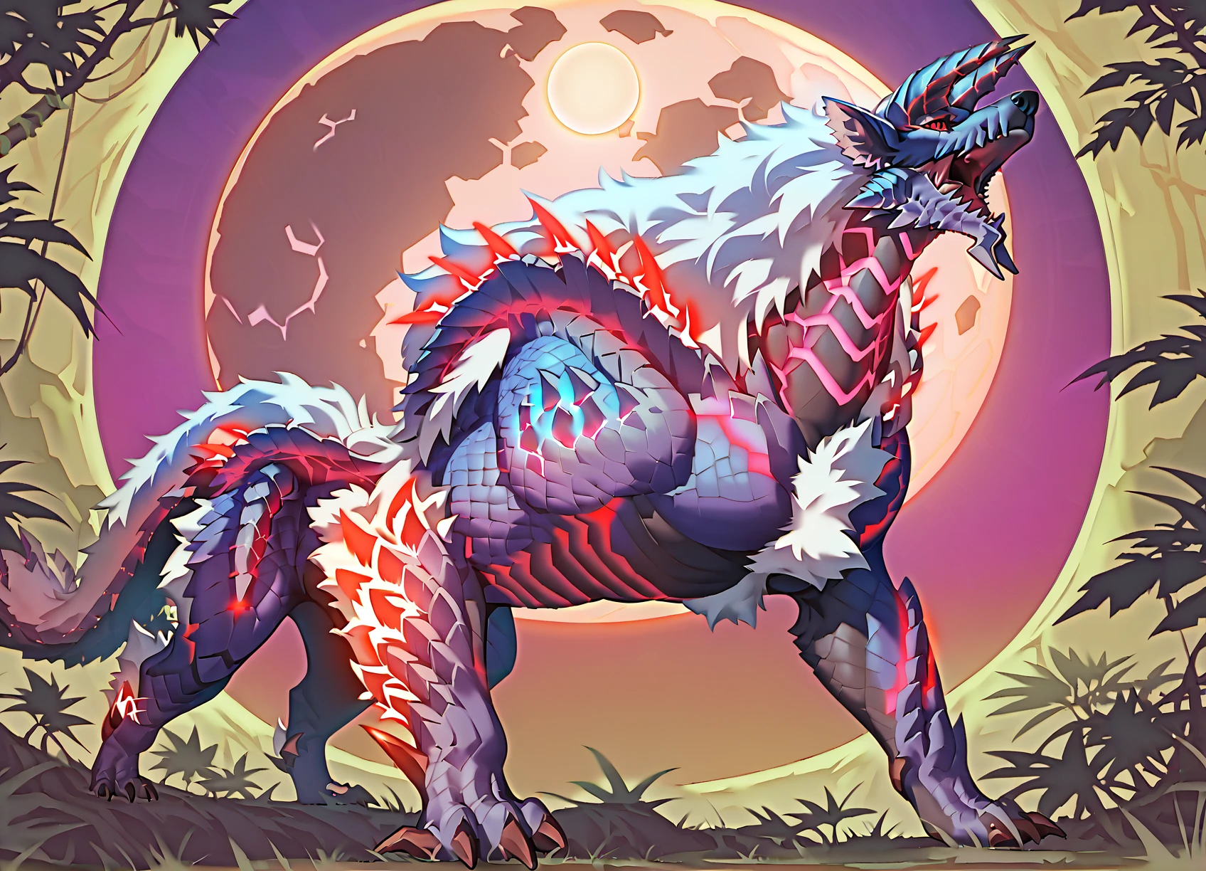 score_9, score_8_up, score_7_up, score_6_up, ((best quality, high quality, absurdres, feral, stygian zinogre, howling, red eyes, black skin, white fur, arched back, looking up)) (Detailed background, forest, jungle, trees, full moon, night,) rating: explicit, by kenket, by darkgem, by dullyarts, by plattyneko, by Thousandfoldfeathers, extremely detailed,  highres, detailed shading, volumetric lighting, vibrant colors, natural light, FujiFilm XT3, <lora:BackgroundDetailerV3:1> <lora:Zinogre:1> wolf, monster hunter,  red thunder, horns, tail red electricity