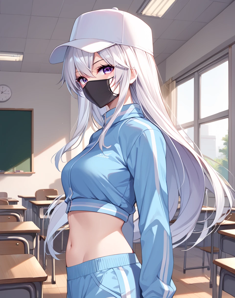 Gu_Yuena, white hair, long hair, purple eyes,  white tracksuit, exposed midriff, white hat, black mask BREAK  indoors,classroom  BREAK looking at viewer, sexy face,from side, looking at side, standing BREAK score_9, score_8_up, score_7_up, source_anime ,zPDXL,manhua, <lora:Gu_Yuena:0.8>