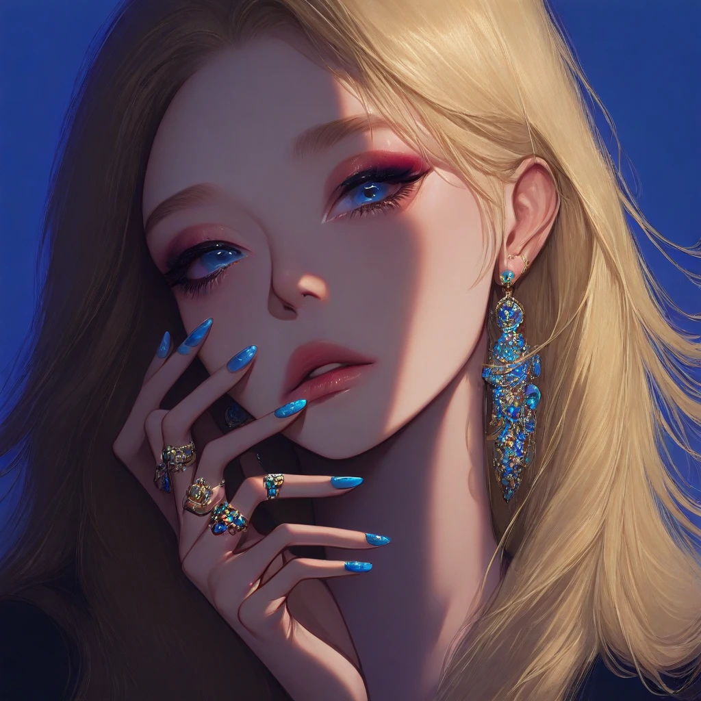 c4ndy, 1girl, solo, jewelry, blue eyes, earrings, parted lips, long hair, blonde hair, portrait, blue nails, blue background, lips, looking at viewer, makeup, ring, nail polish, hand on own face, hand up, simple background, illustrative, masterpiece, best quality