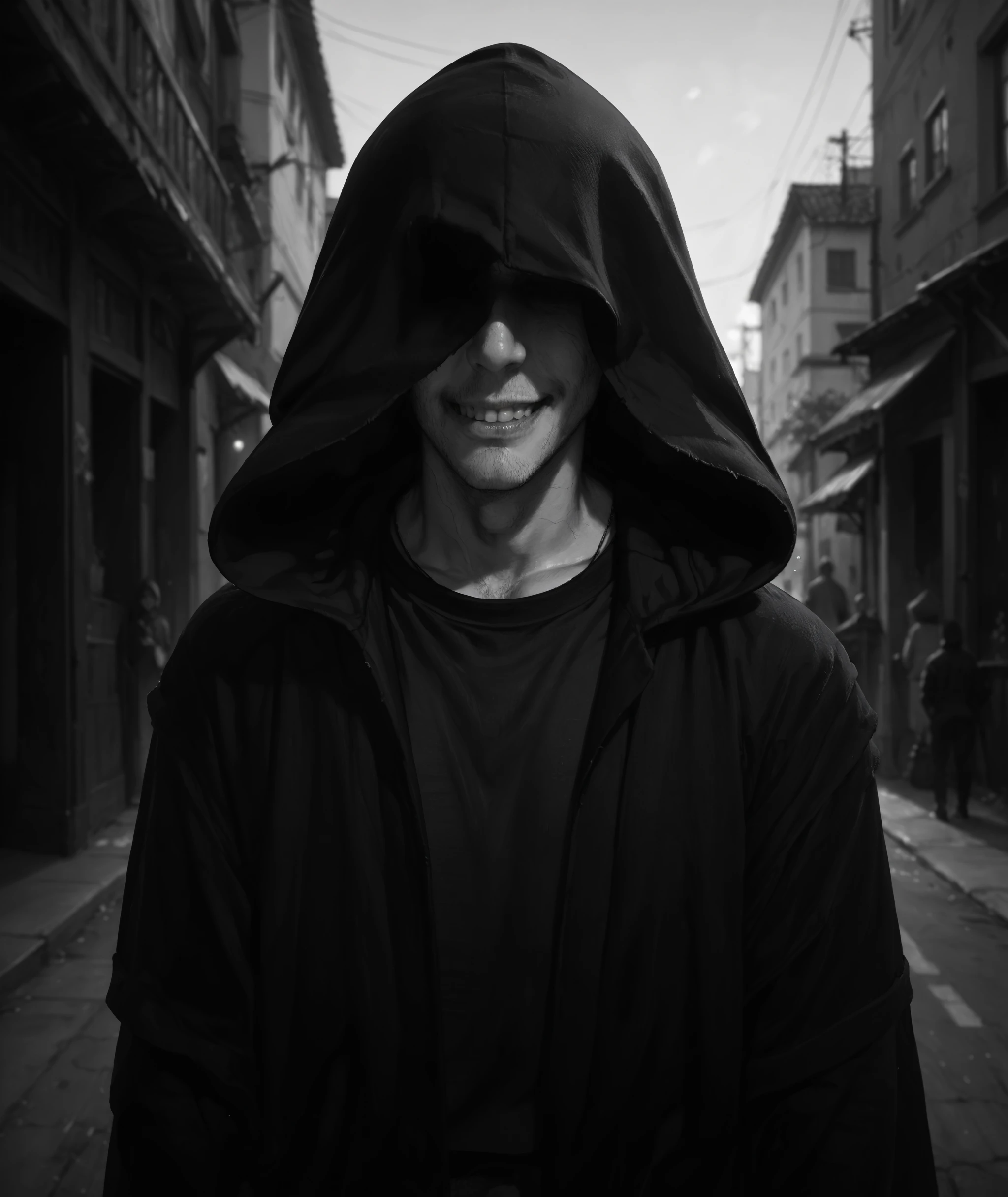 score_9, score_8, score_7_up masterpiece, amazing quality, hyper detailed, high resolution, highres, (embedding:zPDXL3:1.1),

1boy, solo, 

monochrome, greyscale, black and white, colorless,

black mantle, open clothes, black shirt, hood, hood up, hood over eyes, grin, 

rough sketch, sketch, lineart, 