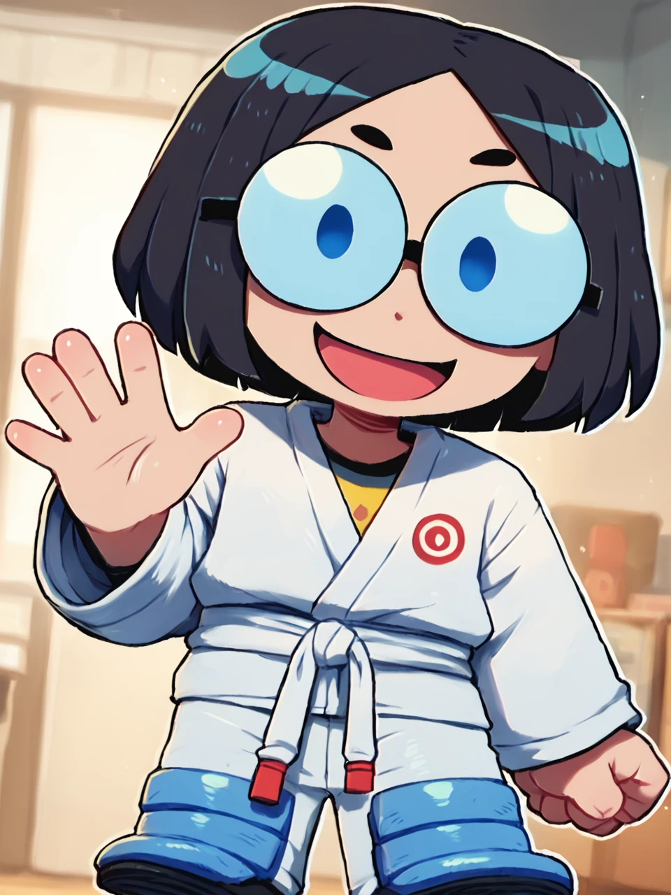 score_9, score_8_up, score_7_up,  score_6_up, BREAK, G0g0Matsum0t0, 1girl, solo, black hair, short hair, blue eyes, glasses, chibi, dougi, smile, upper body, raise left hand, waving, looking at viewer, <lora:Gogo_Matsumoto:1>