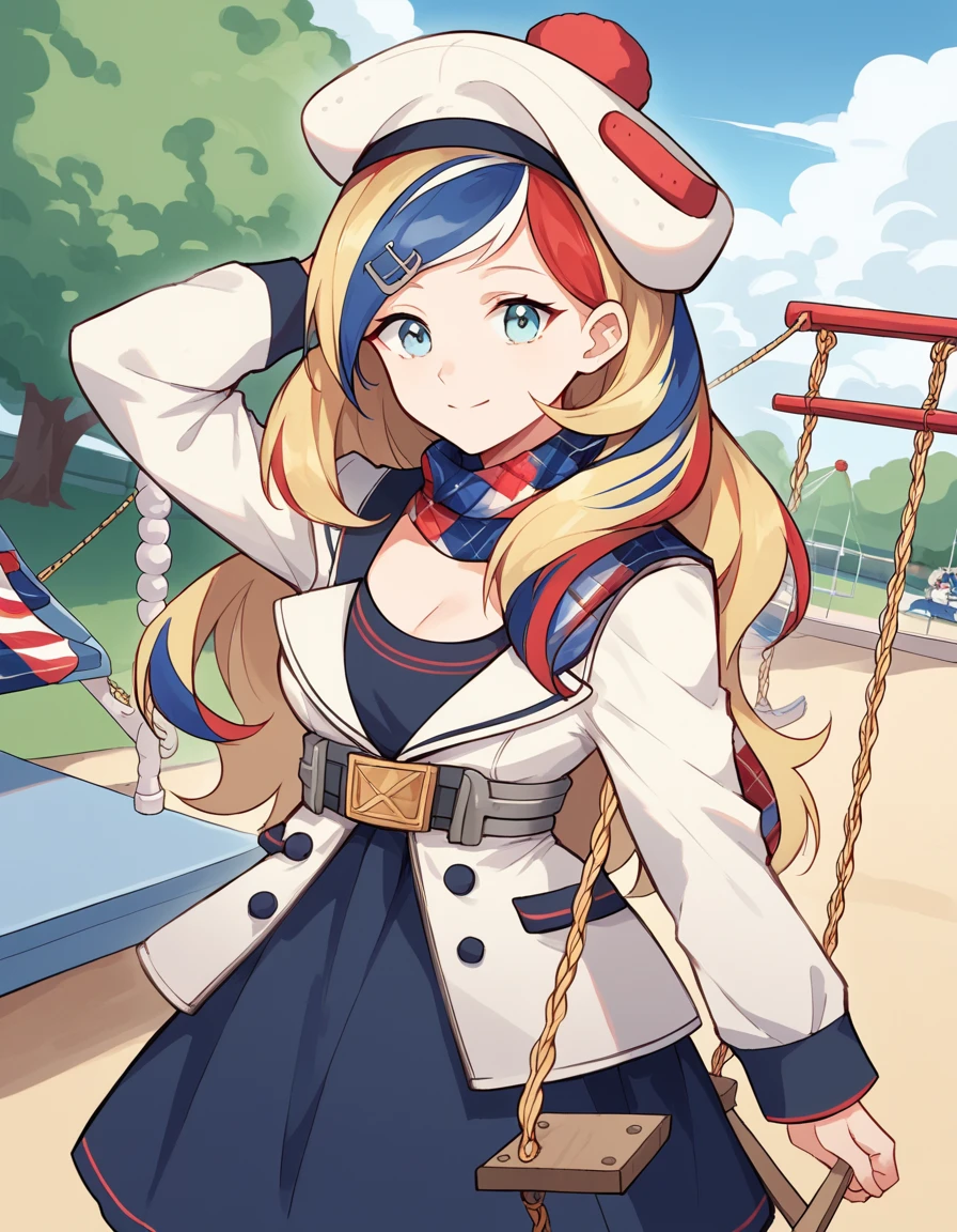 score_9, score_8_up, score_7_up, source_anime, <lora:kancolle-commandant-teste-ponyxl-lora-nochekaiser:1>, commandant teste, commandant teste (kancolle), blonde hair, blue eyes, blue hair, red hair, hair ornament, hair clip, long hair, multicolored hair, streaked hair, swept bangs, white hair,, beret, blue dress, buttons cleavage, double-breasted, dress, hat, jacket, long sleeves, plaid clothes, plaid scarf, sailor collar, scarf, white hat, white jacket, public park, playground, swing set, laughter, sunny day, , hand behind head, , looking at viewer, solo,, dutch angle, cowboy shot