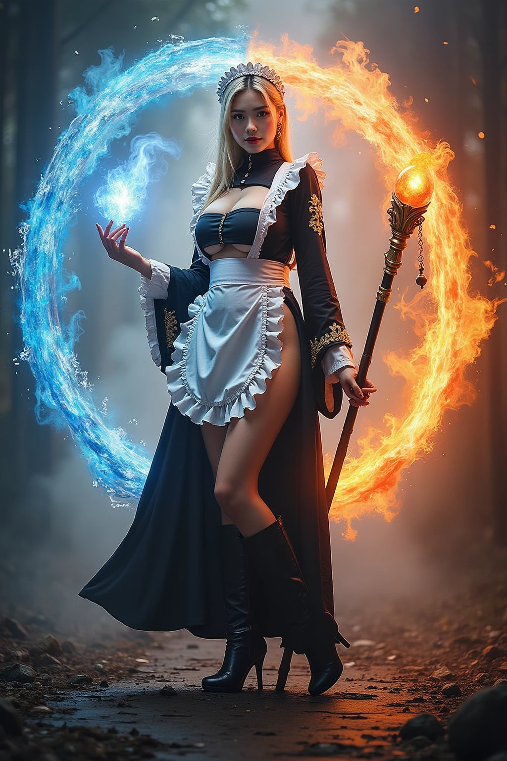 Maid wearing SexyMaidCostume, Fantasy portrait of an elemental mage, harnessing the power of all four elements, standing at the center of a swirling vortex of fire, water, air, and earth, wearing an ornate robe that shifts in color with each element, eyes ...