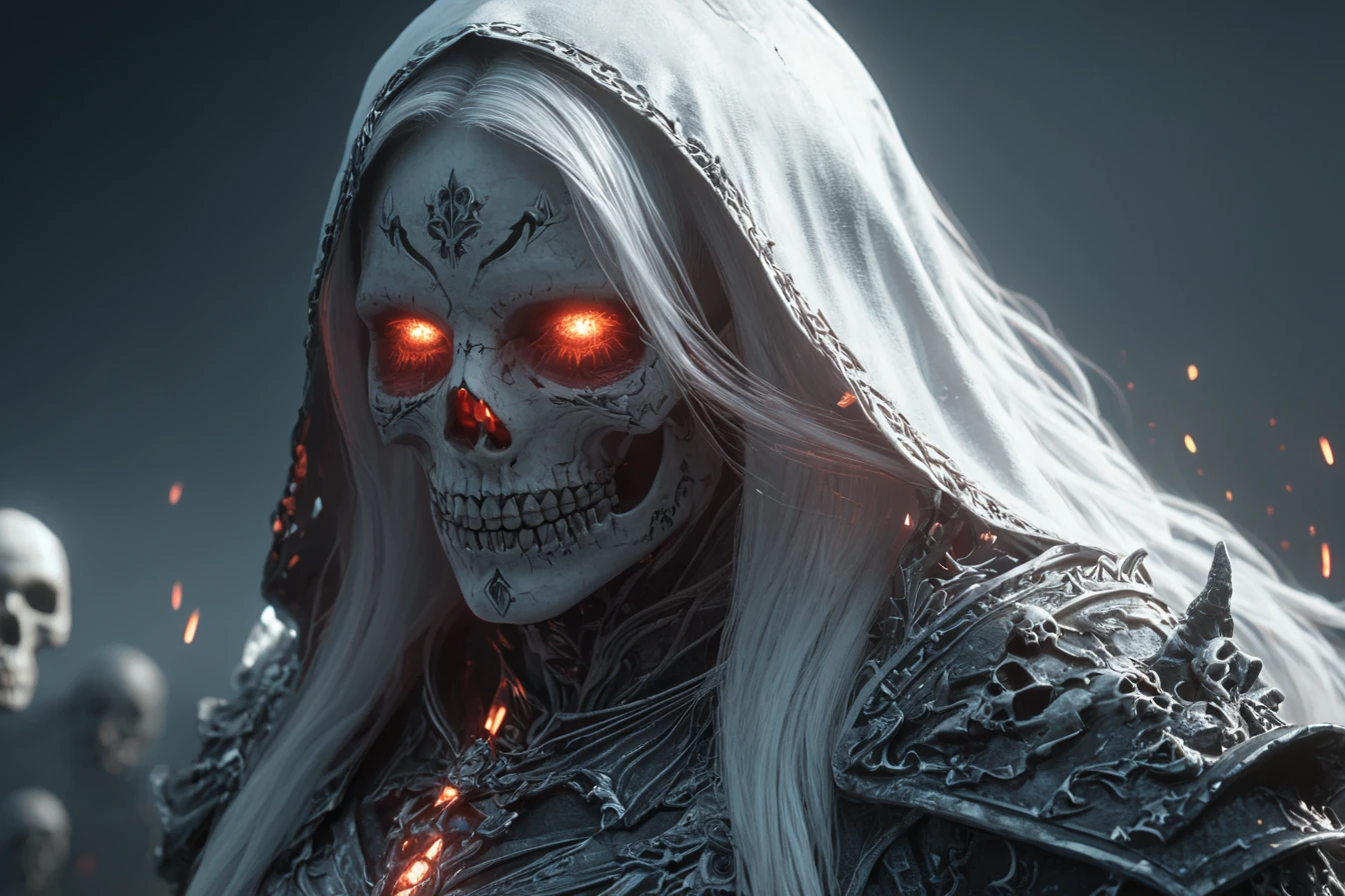 A cinematic shot of a beautiful and evil hooded female necromancer, beautiful face features and white long hair, wearing skull armor, summoning red glowing skeletons around her, glowing skulls, magical effects, cemetary in background, hkdeath. Rendered in the style of Unreal Engine, with a cinematic, hyper-realistic style.