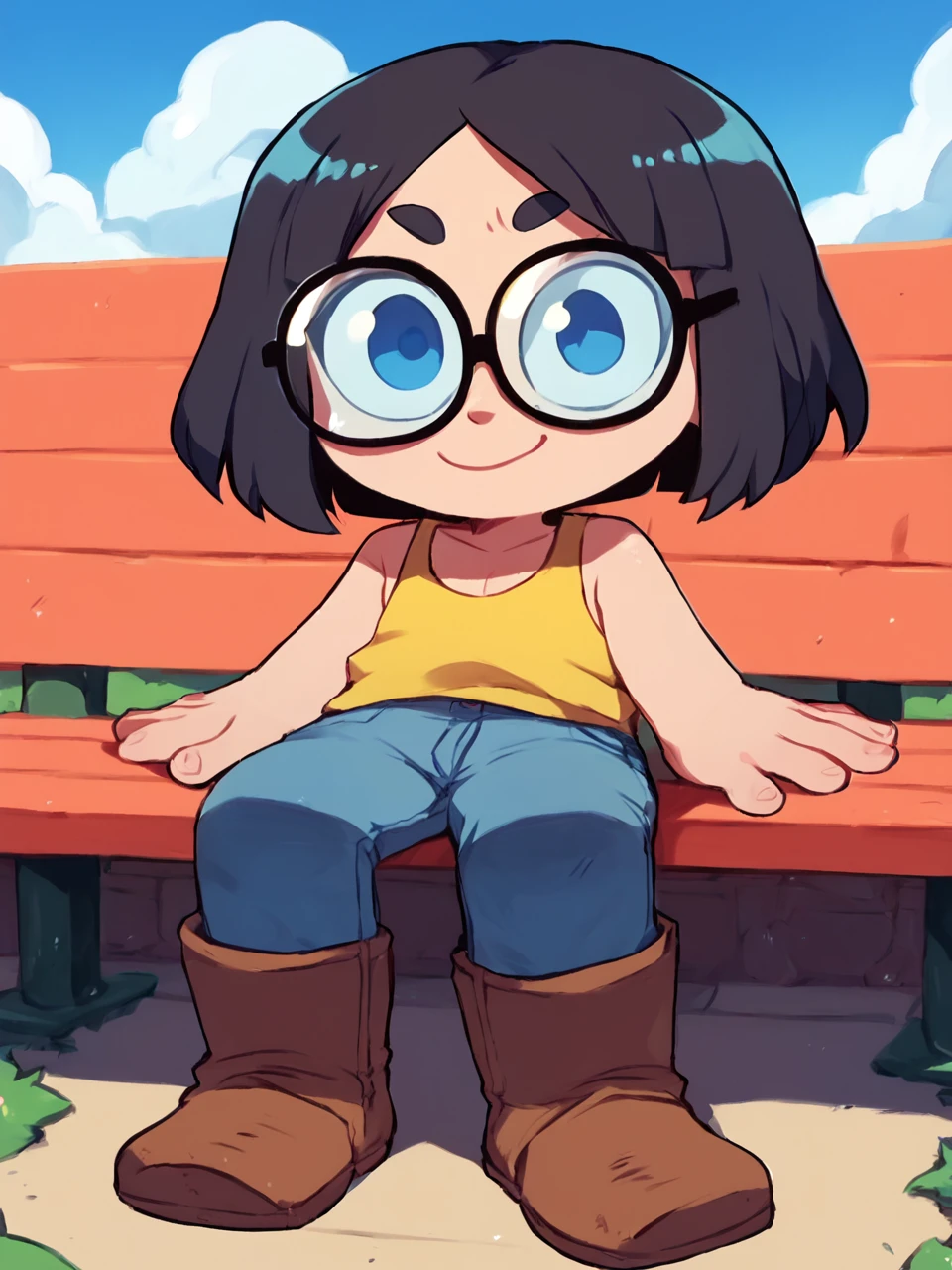 score_9, score_8_up, score_7_up,  score_6_up, BREAK, G0g0Matsum0t0, 1girl, solo, black hair, short hair, blue eyes, glasses, yellow tank top, chibi, jeans, brown boots, smile, sitting on a bench, looking at viewer <lora:Gogo_Matsumoto:0.8>