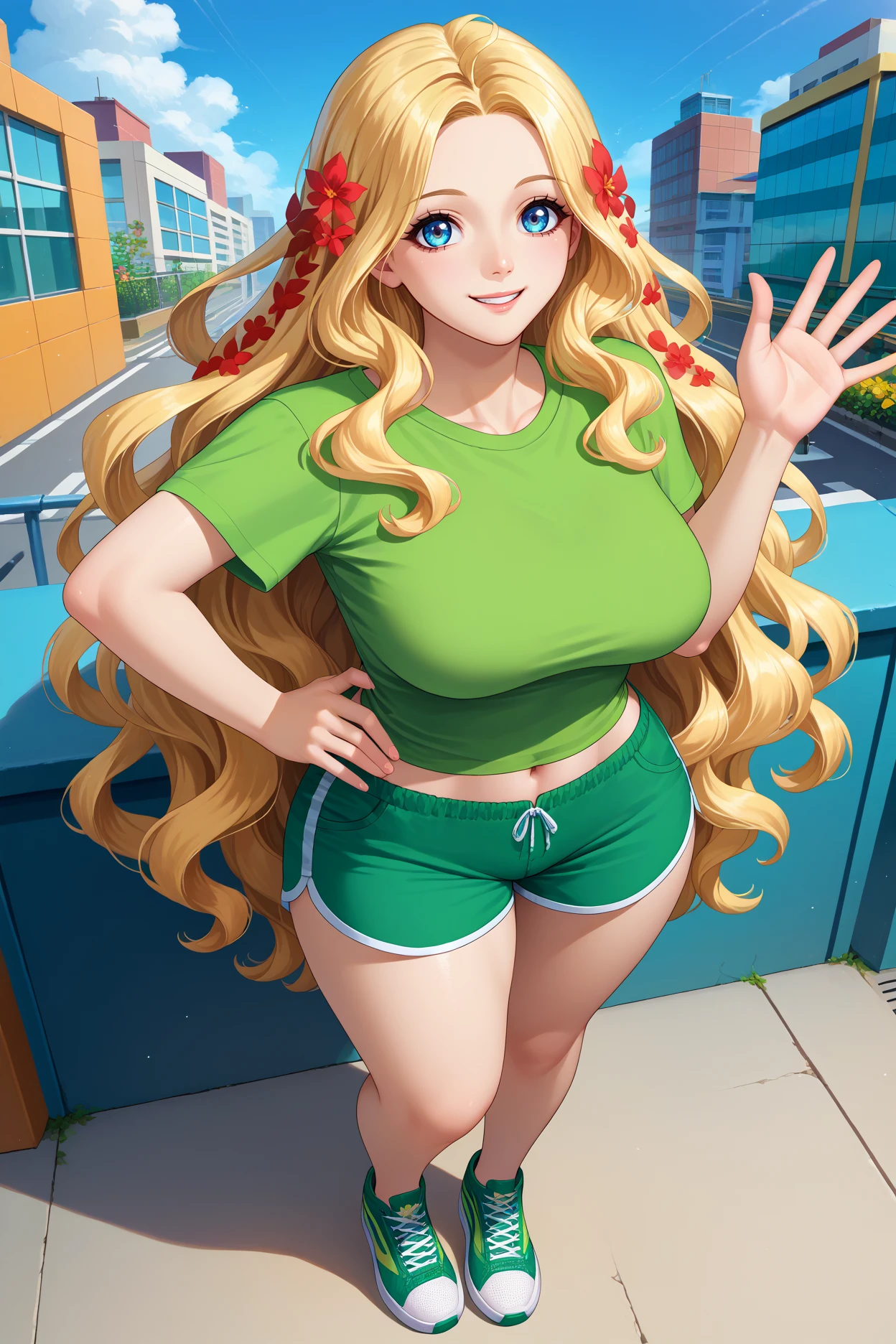 score_9, score_8_up, score_7_up, score_6_up, source_anime, 1girl, solo, <lora:snveve-pdxl-nvwls-v1-000005:1> snveve, blonde hair, wavy hair, long hair, hair flower, blue eyes, large breasts, green t-shirt, navel, green shorts, looking at you, hand on hip, smile, full body, sneakers, waving, happy, city, blue sky