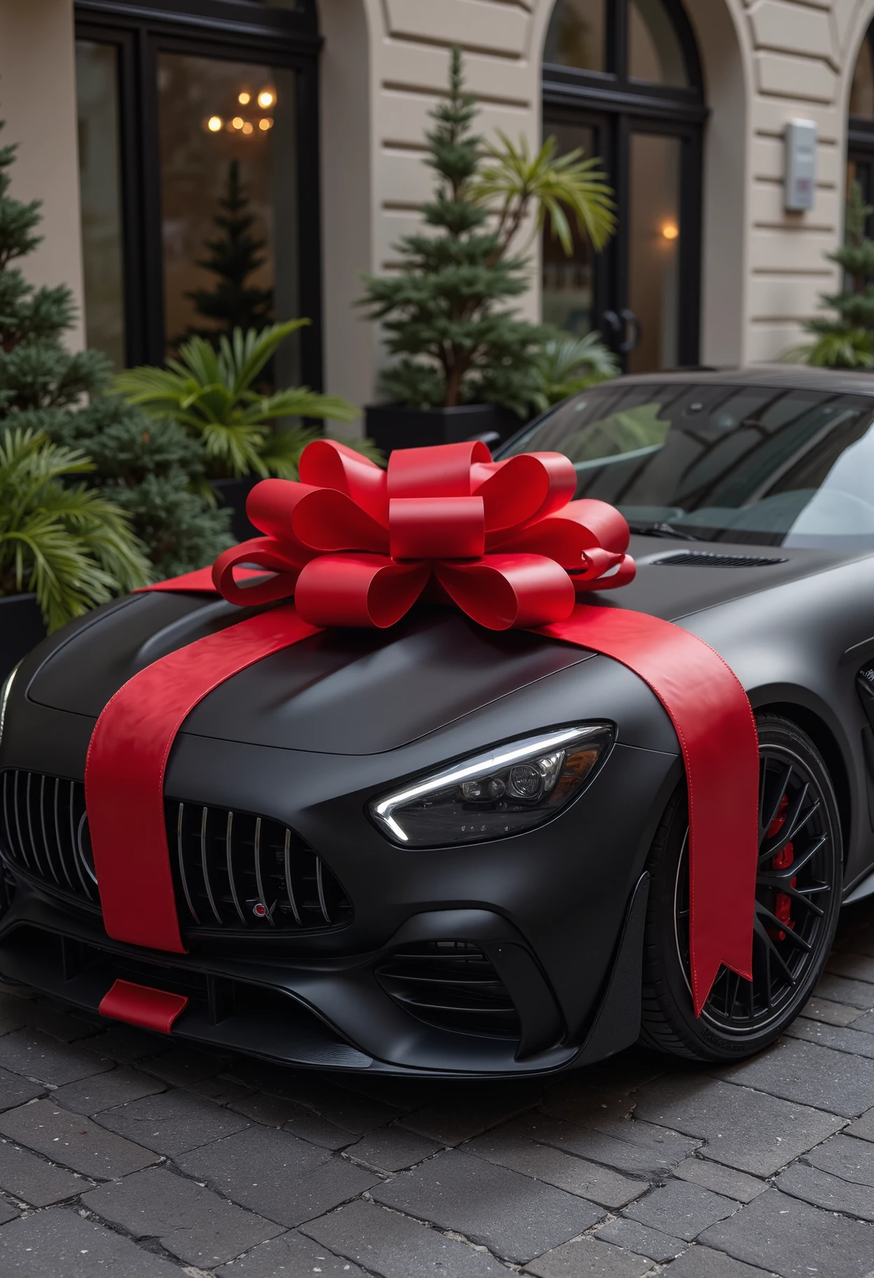 a matte black dvr-mercedes-amg-cle53 wrapped with a big red bow like a present <lora:dvr-mercedes-amg-cle53:1>