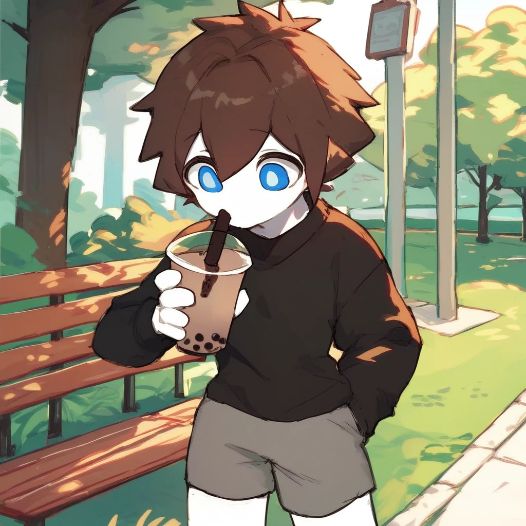 score_9_up, score_8_up, score_7_up, mikus-sona, blue eyes, brown hair, white skin, black boxers, park, holding, bubble tea, black sweater, gray shorts, 1boy, solo