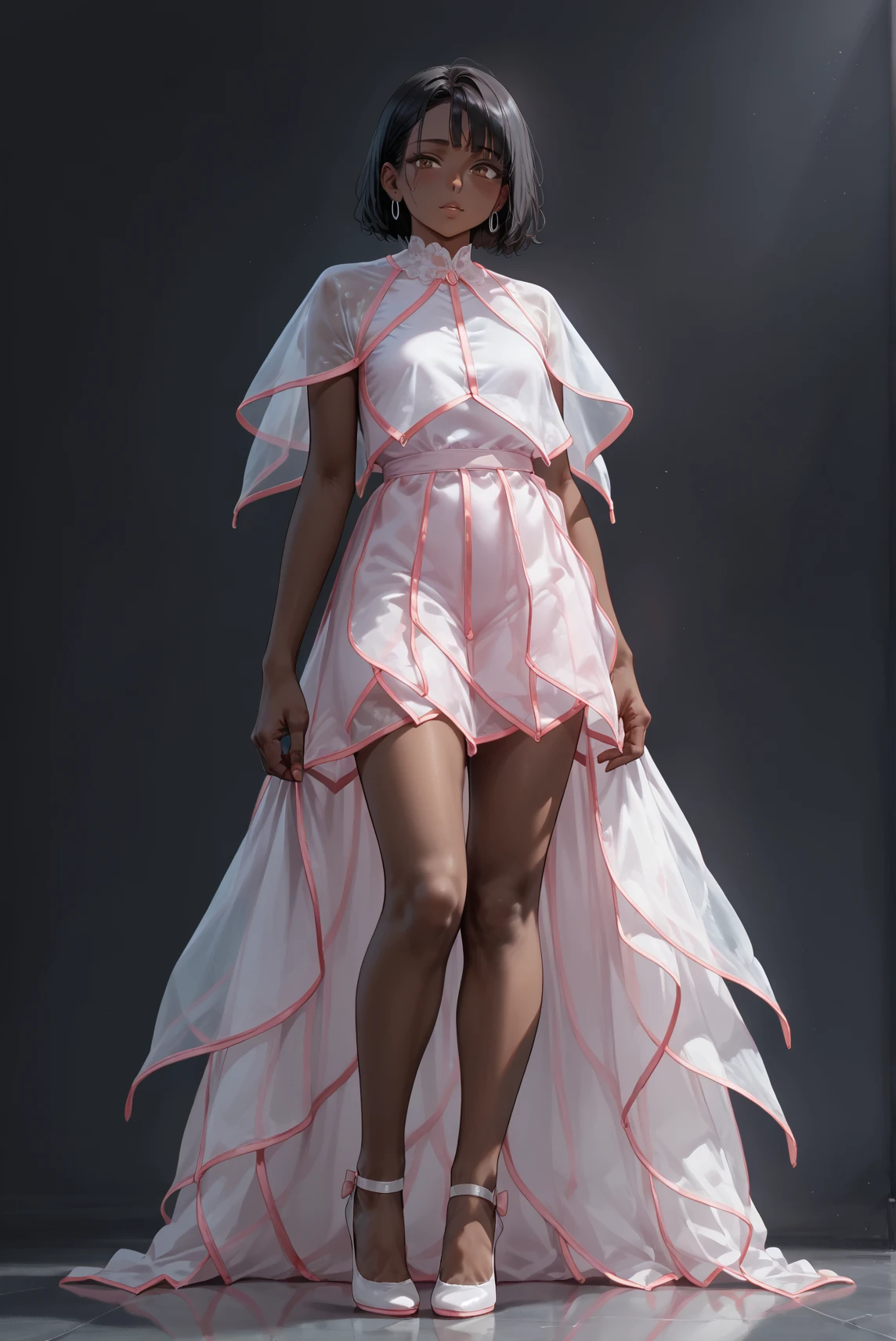 (embedding:Pony_PDXL_Negative_Embeddings\zPDXL2),dark background,1girl,full body,white capelet,white dress,pink capelet,pink dress,pink trim,arms_behind_back,black hair,very-dark skin,brown eyes,looking at viewer,high heels<lora:MyTrainings\Test\Layered_Leaves_Dress_XL_Pony_ARZUMATA.safetensors:1>