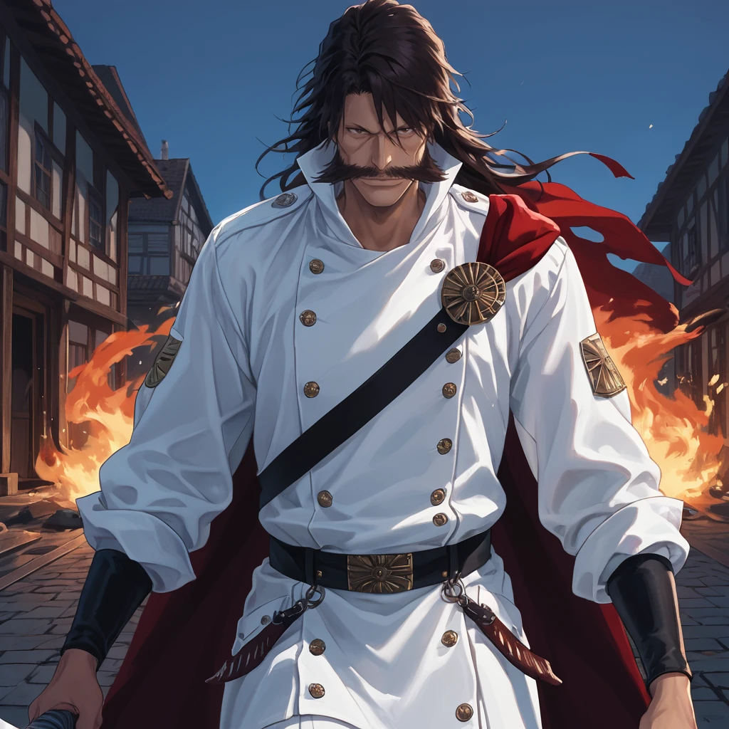 score_9, score_8_up, score_7_up,  score_6_up, score_5_up, score_4_up, masterpiece, high quality, detailed
1man, long black hair, dark brown hair, huge mustache, pronounced cheekbones, long nose, thin eyebrows, white boots, brown eyes, maroon-black cloak, broad chin, white uniform, close-up, upper body, <lora:yhwach:1> looking to the side, mysterious, holding a sword , weapon, Wrecked village, walking, (surrounded by big fire:1.1) big flame, broken, destroyed