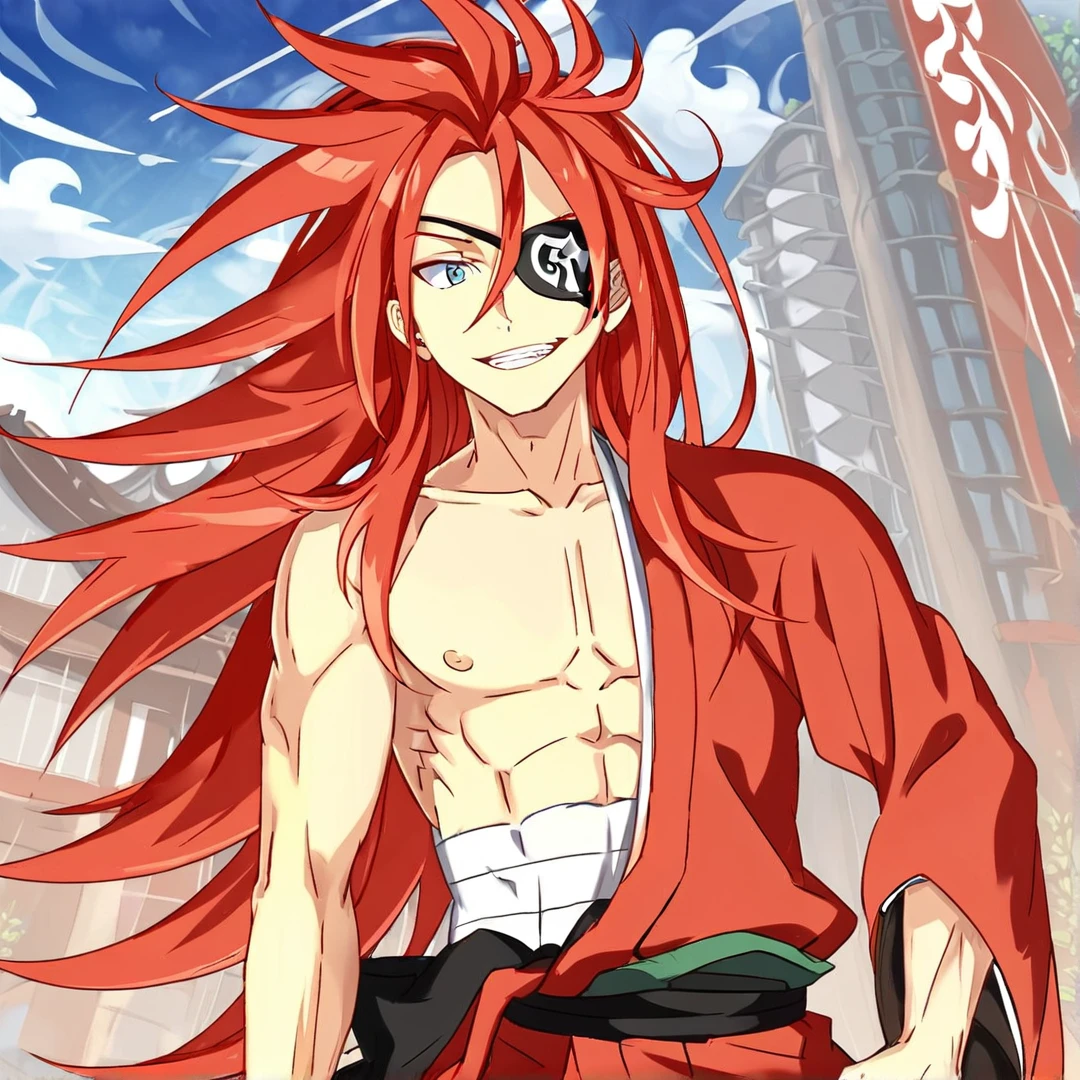 <lora:ReidAstrea:1>, reid, had waist length, fiery red hair, sky blue eyes, with a muscular body, he wore a crimson kimono, which he only wore half of, leaving the right side uncovered, a white sarashi around his body, and a black eye patch over his left eye, that has an ugly pattern, solo, in a city, trees, buildings