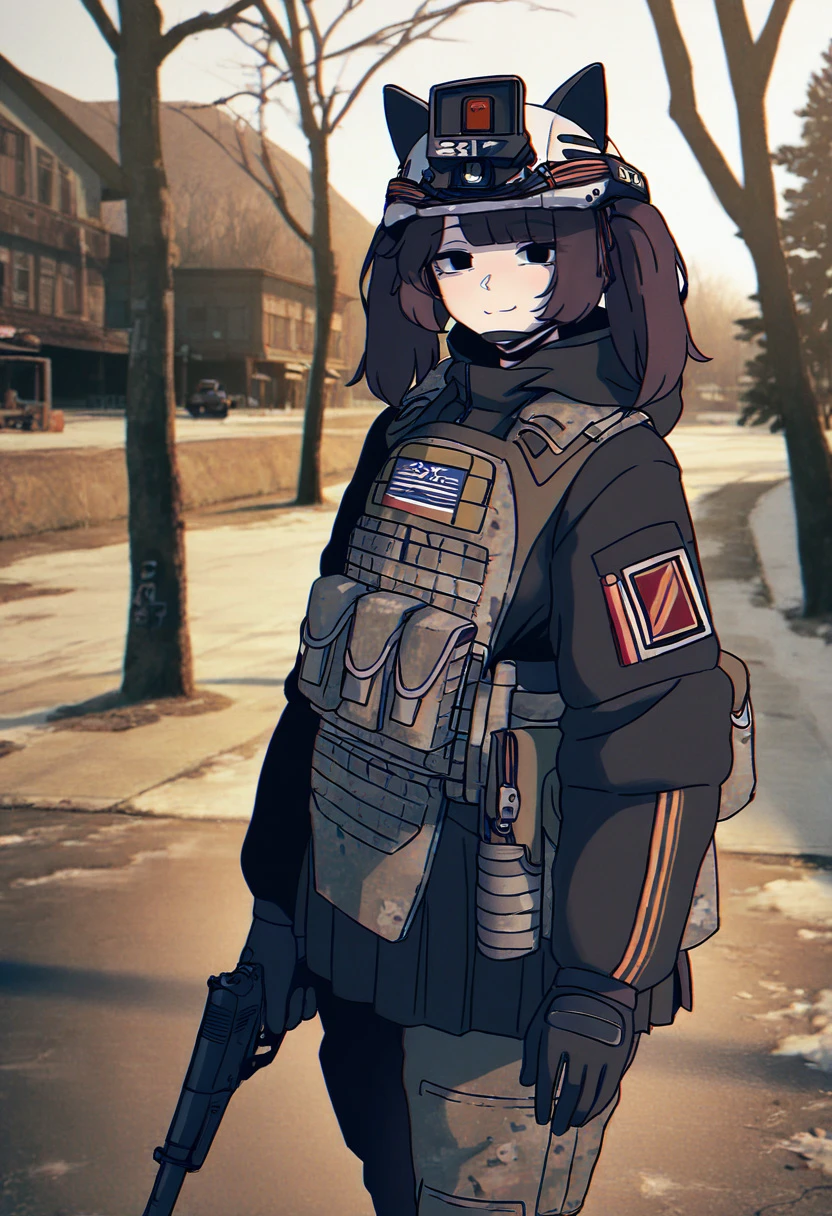 1girl, solo, b1-517, looking at viewer, smile, skirt, brown hair, long sleeves, gloves, holding, animal ears, closed mouth, twintails, jacket, weapon, ak-74m, outdoors, cowboy shot, pleated skirt, black gloves, pants, hood, black skirt, holding weapon, black eyes, black jacket, tree, gun, night, helmet, holding gun, building, pouch, camouflage, ears through headwear, film grain, bare tree, photo background, soldier, patch, tactical clothes, bulletproof vest, ammunition pouch, load bearing vest, camouflage jacket, combat helmet, camouflage pants, body armor, plate carrier, masterpiece, best quality, newest, absurdres, highres,