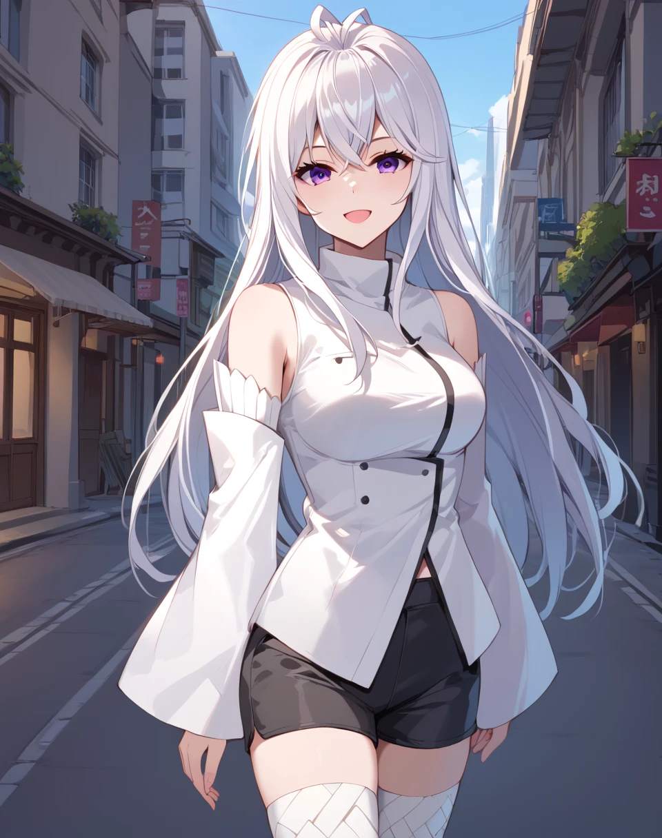 Gu_Yuena, white hair, long hair, purple eyes,  antenna hair, guyuena clothes, collared shirt, detached sleeves, wide sleeves, patterned thighhighs, black shorts BREAK outdoors, city street, BREAK looking at viewer, sexy face, sexy smile, open mouth, cowboy shot, BREAK score_9, score_8_up, score_7_up, source_anime ,zPDXL,manhua, <lora:Gu_Yuena-000011:0.8>