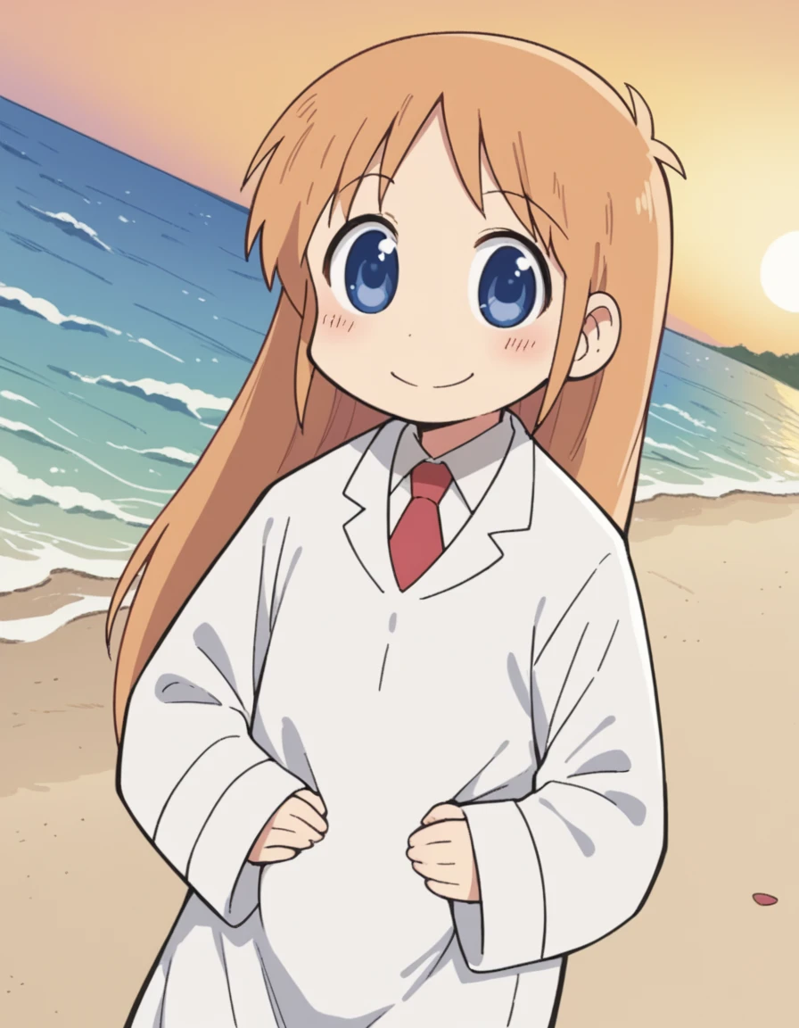score_9, score_8_up, score_7_up, source_anime, <lora:hakase-shinonome-s1-ponyxl-lora-nochekaiser:1>, hakase shinonome, long hair, blue eyes, blonde hair, orange hair,, necktie, red necktie, labcoat,, beach, sunset, walking along shore, footprints in sand, waves, peaceful, smile, hands on stomach, blush,, looking at viewer, solo,, dutch angle, cowboy shot