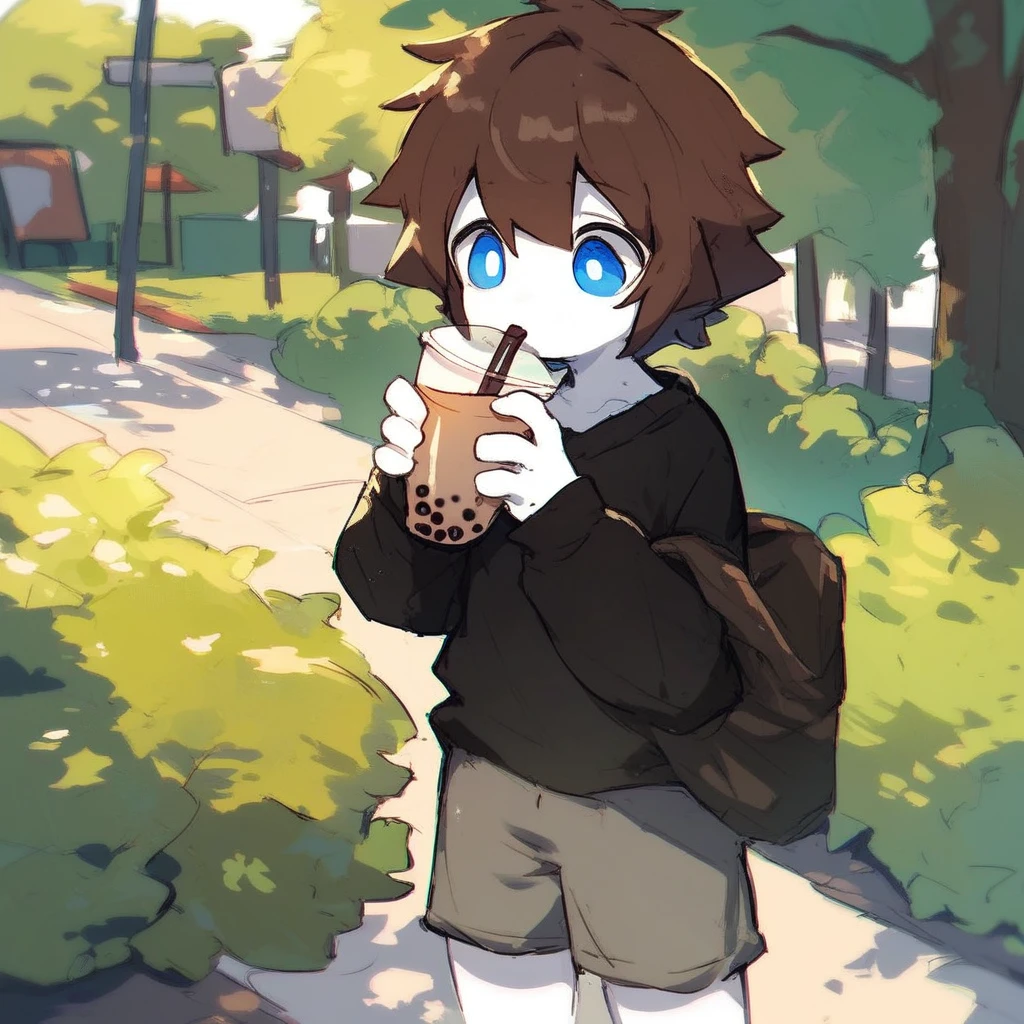 score_9_up, score_8_up, score_7_up, mikus-sona, blue eyes, brown hair, white skin, black boxers, park, holding, bubble tea, black sweater, gray shorts, 1boy, solo