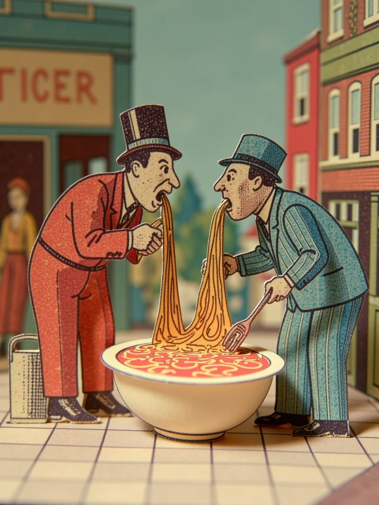 A paper model cutout depicting town crier and janitor devouring a bowl of spaghetti in Anchorage. made of paper