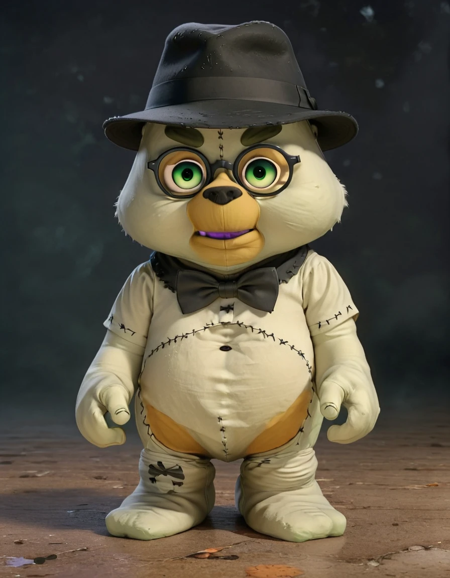 <lora:Franken_Teddy:1> Ghostly White Franken Teddy wearing a sheet dressed like a  Cute Geeky Ghost wearing a black fedora and glasses, detailed shadows and shading