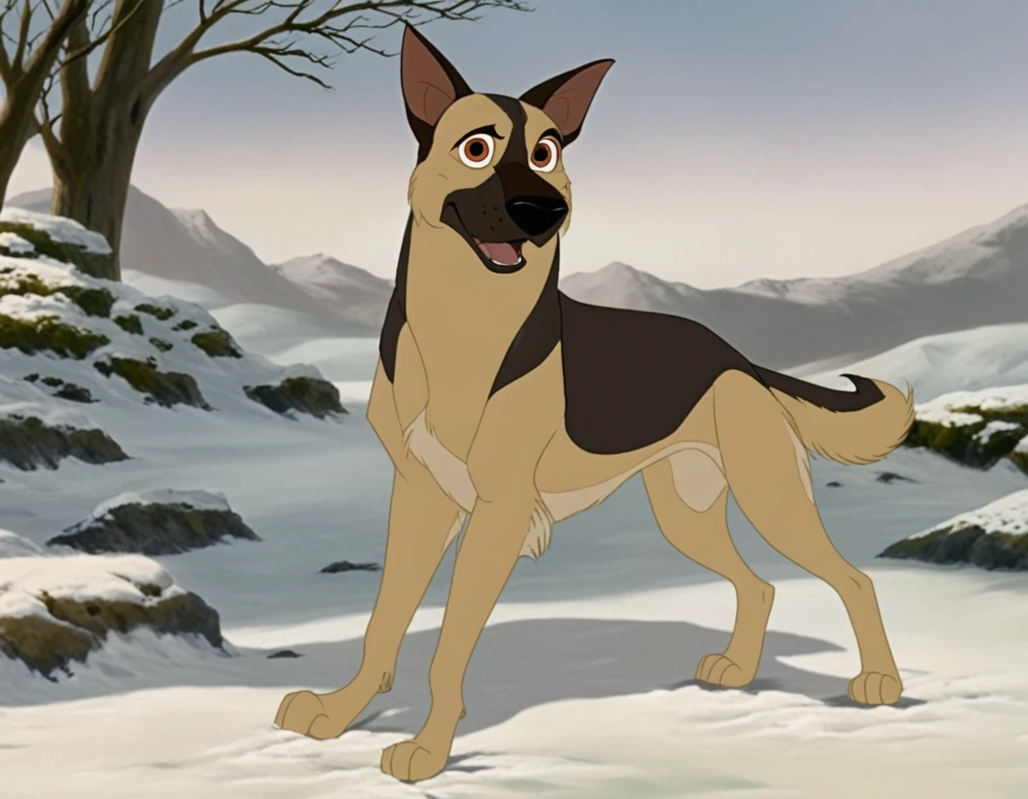 classicanimstyle, canid, canine, canis, domestic dog, german shepherd, herding dog, mammal, pastoral dog, ambiguous gender, black nose, brown body, brown fur, digitigrade, feral, fur, looking at viewer, outside, plant, quadruped, realistic, snow, solo, whiskers, white body, white fur, brown eyes, pupils <lora:classicanimstyleXL-V01:0.8>