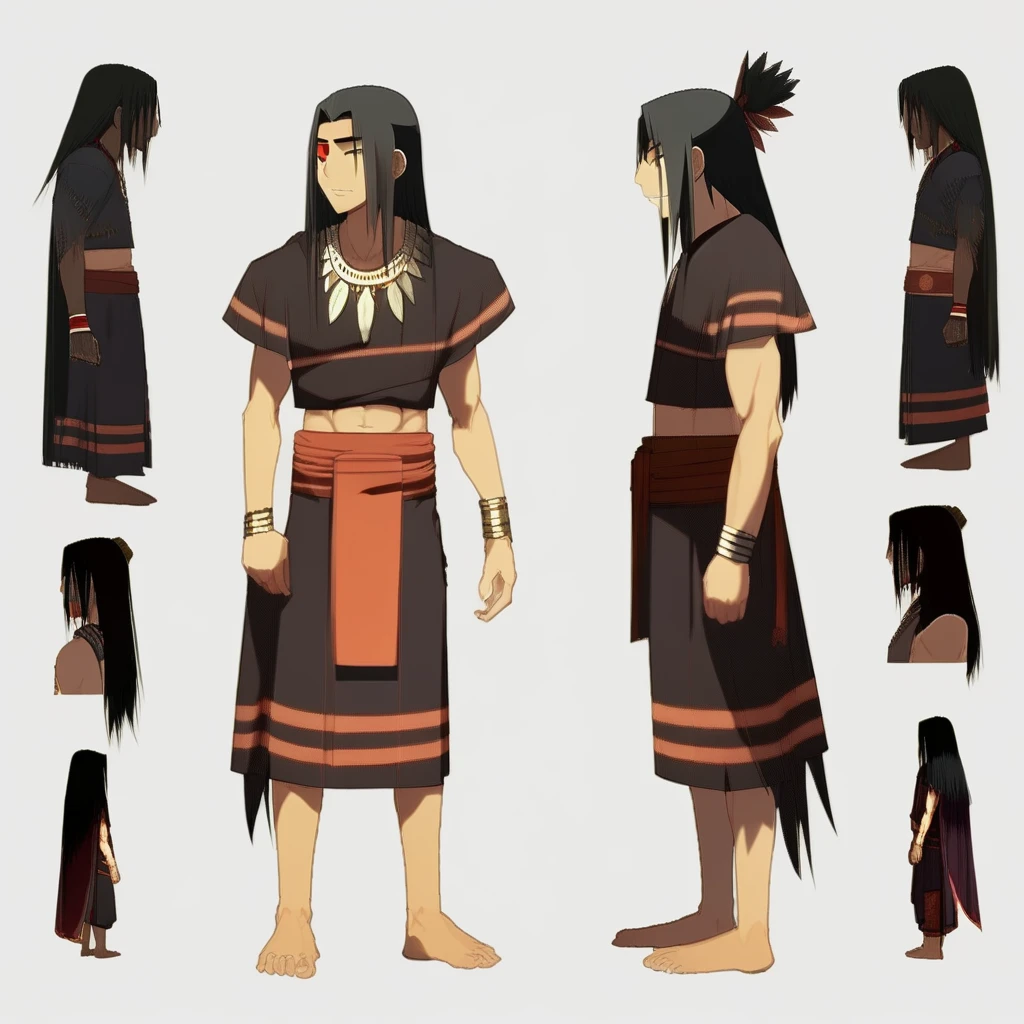 aztec,1boy,facial mark,from side,aztec clothes,dark skin,laincloth,robe,barefoot,full body,long black hair,anime style,facial mark 4