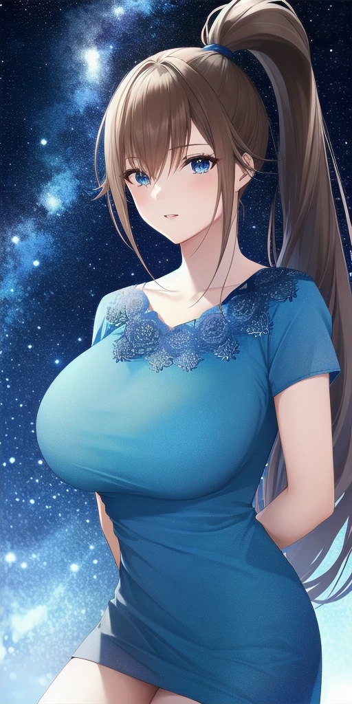 <lora:SatsukiV3:0.7> kitaooji_satsuki_high_ponytail, huge_breasts, standing, solo, arms_behind_back, starry_sky, blue_dress,, masterpiece, best_quality, detailed_face, detailed_eyes, highres, beautiful, detailed, absurdres,