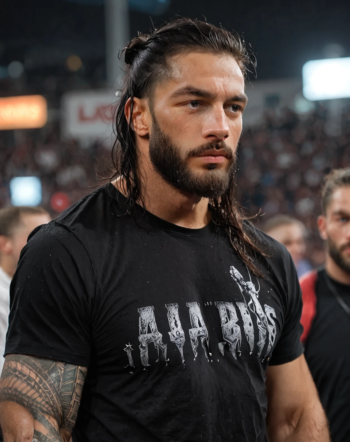 A man with long hair and a red belt stands in a wrestling ring, Ganzkörper Greg Rutkowski, johnny silverhand, als Charakter in Tekken, Haut : Tjalf Sparnaay, furio tedesschi, jonathan winterhart, Kazuki Tanahashi, inspiriert von Awataguchi Takamitsu, alexandros pyromallis