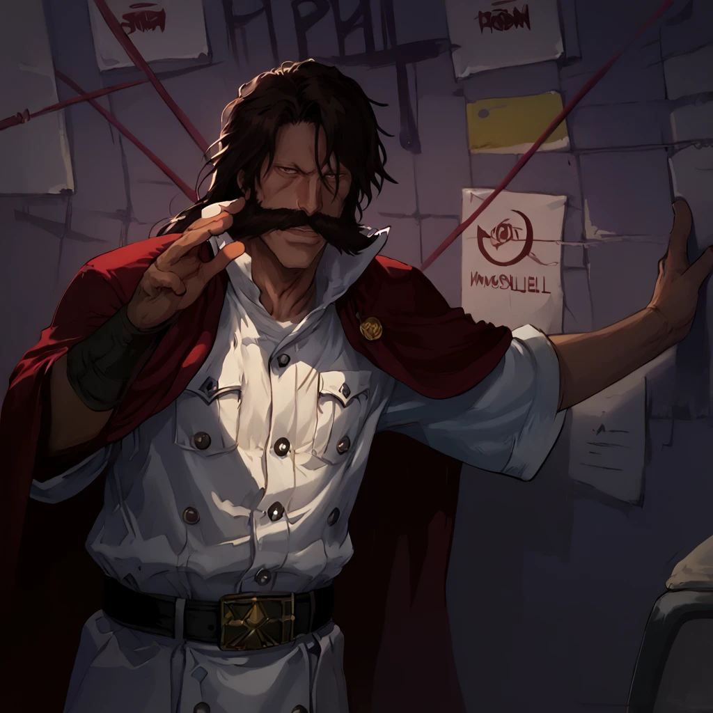 score_9, score_8_up, score_7_up, masterpiece, high quality, detailed, morning (bright:1.2)
1man, pronounced cheekbones, white uniform, huge mustache, broad chin, dark brown hair, long black hair, long nose, brown eyes, a single large button, black belt, (maroon-black cloak:1.1) <lora:yhwach:1> looking at viewer, 
 <lora:pepe_silvia_v1_pruned:1> pepe_silvia, open mouth, crazy eyes