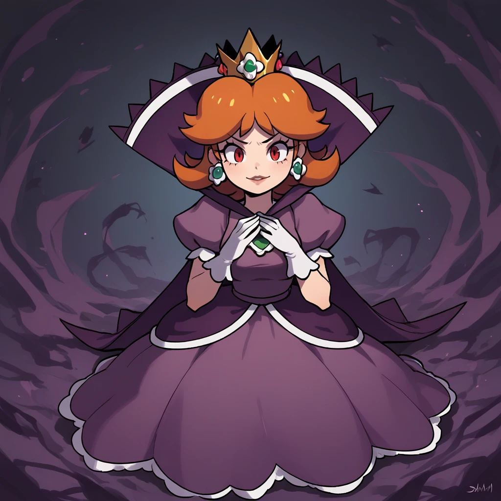 score_9, score_8_up, score_7_up, score_6_up, score_5_up, score_4_up, zPDXL2,source_anime,rating_questionable,  <lora:Shadow_Queen_Peach:0.8> sh4dp3ach,princess daisy, short hair,red eyes,purple dress, puffy short sleeves, white gloves, cape, jewelry,