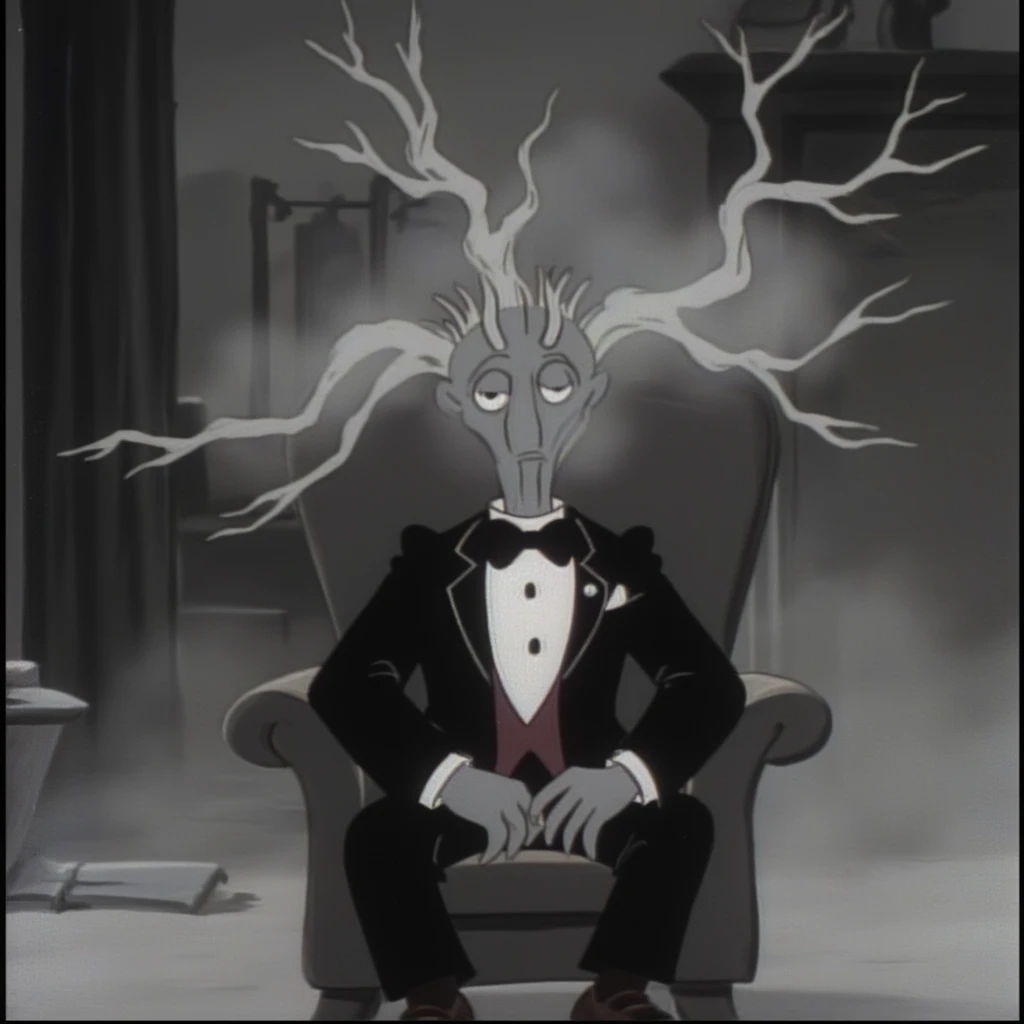 dtstyle , A cartoonish illustration ,  a dark fantasy character, showcasing a mysterious figure seated on a chair. The figure's head is shrouded in a smoky or misty aura, with elongated, branch-like structures protruding from it, creating an enigmatic silhouette. The individual dons formal attire, including a bowtie and a suit, adding an air of sophistication amidst the eerie atmosphere. The monochromatic color palette of grays and blacks dominates the scene, amplifying the overall eerie and ethereal ambiance. The cinematic composition invokes themes of mystery, introspection, or even decay, making it a conceptual work of art that is both captivating and thought-provoking