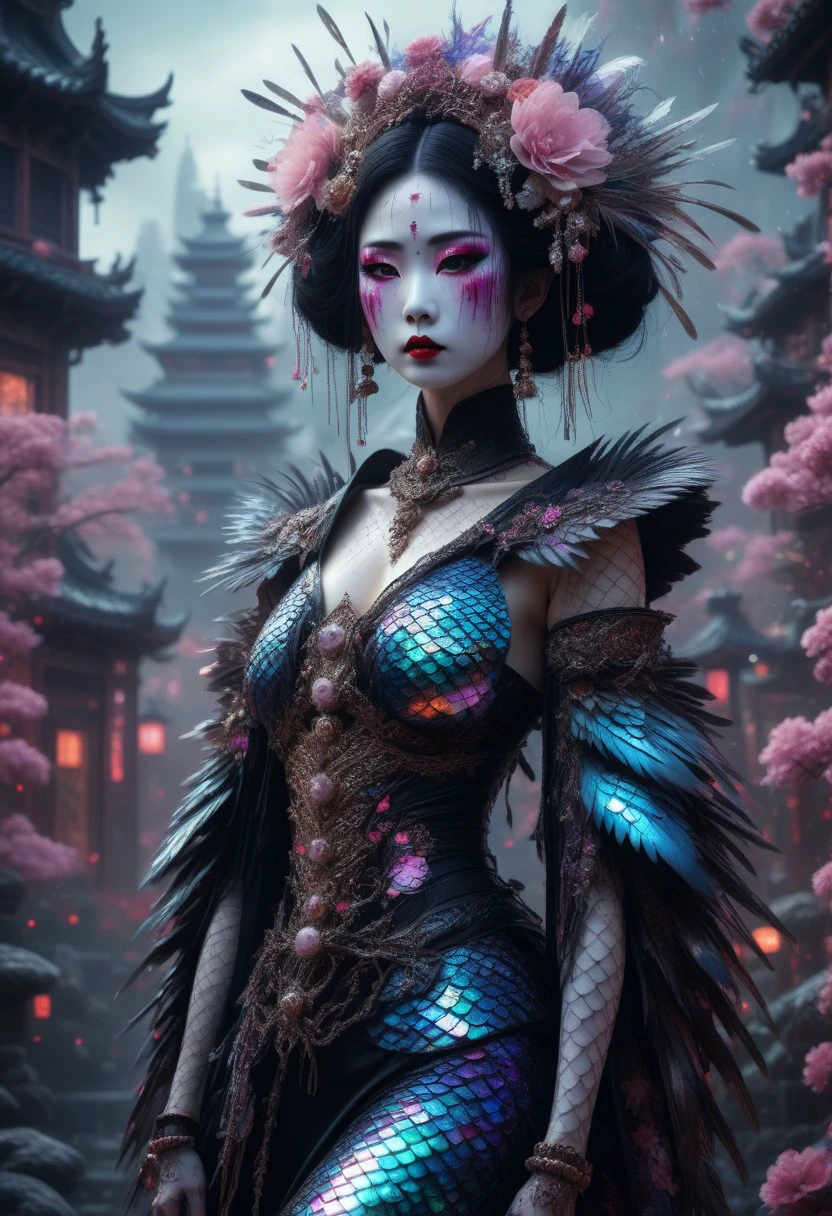 A professional photography of a gothic geisha with whimsical elements, her clothes are covered with scales and feathers, surrounded by an magical and eerie fairytale landscape with sparkling crystals and colorful flowers, cracks surrounding the geisha, awesome appearence, fantastic cyberpunk art concept, intricate details, trending on artstation, masterpiece, 8k