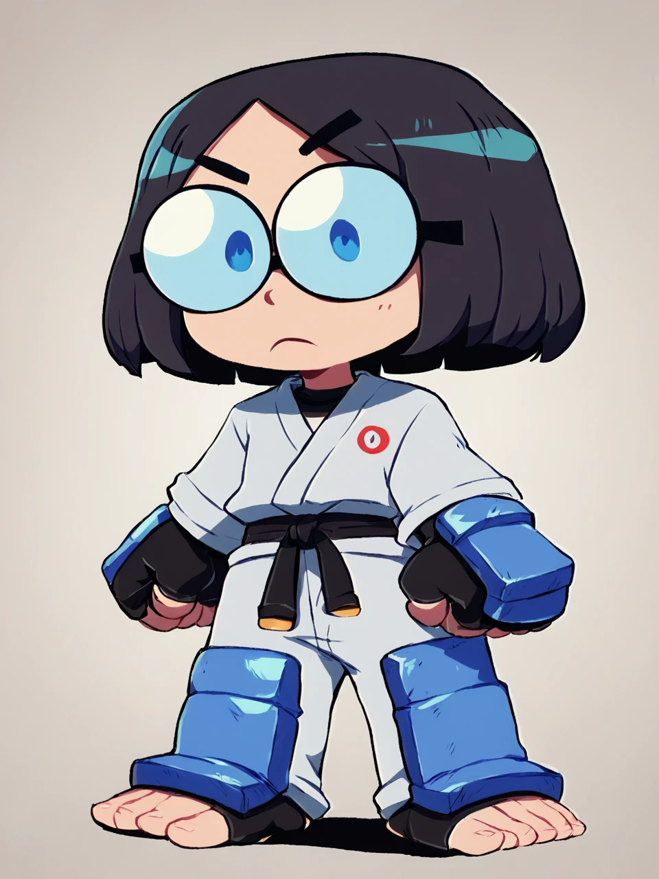 score_9, score_8_up, score_7_up,  score_6_up, BREAK, G0g0Matsum0t0, 1girl, solo, black hair, short hair, blue eyes, glasses, fingerless gloves, chibi, dougi, black belt, toeless legwear, <lora:Gogo_Matsumoto:1>