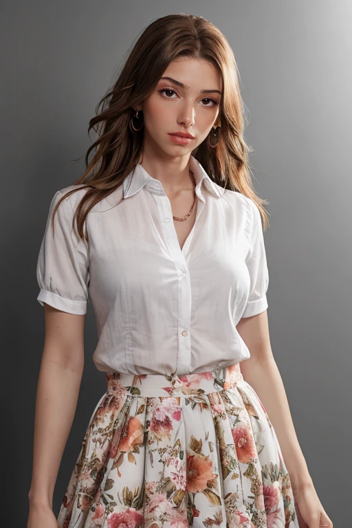 Classic white collared shirt tucked into a floral print flared skirt, paired with nude pumps. a breathtaking fashion photo:1.3 of a sexy woman, <lora:MimmiKeeneV1:1>, 1girl, solo, dress, jewelry, long hair, styled hair,  brown hair, parted lips, white background, radiant, vibrant colours, technicolor, looking at viewer, realistic, simple background, bright background, professional makeup, glossy lips, black eyeliner,  red lipstick, fill lighting, high contrast, shot on ALEXA65, high key lighting, ((masterpiece))   <lora:last_tushy_pose:0.8> tushy_pose, RAW candid cinema, 16mm, color graded portra 400 film, remarkable color, ultra realistic, textured skin, remarkable detailed pupils, realistic dull skin noise, visible skin detail, skin fuzz, dry skin, shot with cinematic camera, detailed skin texture, (blush:0.5), (goosebumps:0.5), subsurface scattering