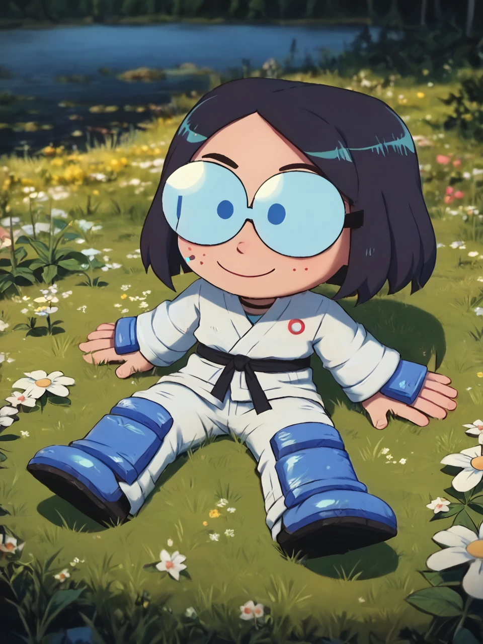 score_9, score_8_up, score_7_up,  score_6_up, BREAK, G0g0Matsum0t0, 1girl, solo, black hair, short hair, blue eyes, glasses, chibi, dougi, black belt, barefoot, lying on ground, hands on legs, smile, grass, flowers, outdoors, plant, nature, lake, sunlight shines on face, Poststyl, <lora:David_style:0.9> <lora:Gogo_Matsumoto:1>