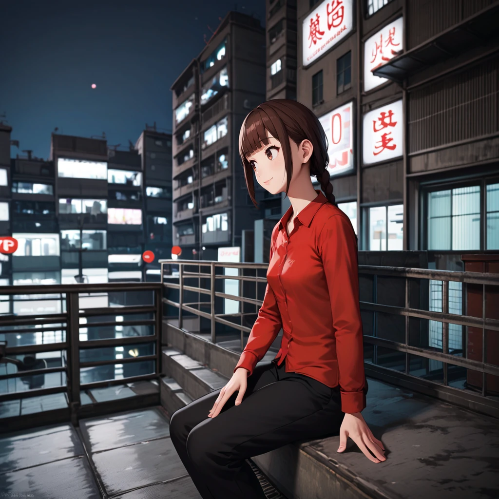 1girl,brown hair,short hair,long single braid,(brown eyes:1.1),(red chinese shirt,collared shirt,black chinese pantaloons,long pants:1.2),long sleeves,[black chinese shoes:0.2], light smile,blunt bangs,sidelocks,small breasts,close-up,looking afar
(on rooftop:1.5),tall building, utility pole, (night:1.5), shadow, concrete, (balcony:1.2), kowloon city, (Condenser unit, Condenser unit, Condenser unit:1.1), (neon, bokeh:1.2), sitting on concrete,simple wood chair, building, blurry background,perspective, bokeh
<lora:Fixhands_anime_bdsqlsz_V1:1> <lora:Kowloon_City-Pony:0:0.7>
[realistic,3d::0.1]
score_9, score_8_up, score_7_up,score_6_up, best quality, hires,