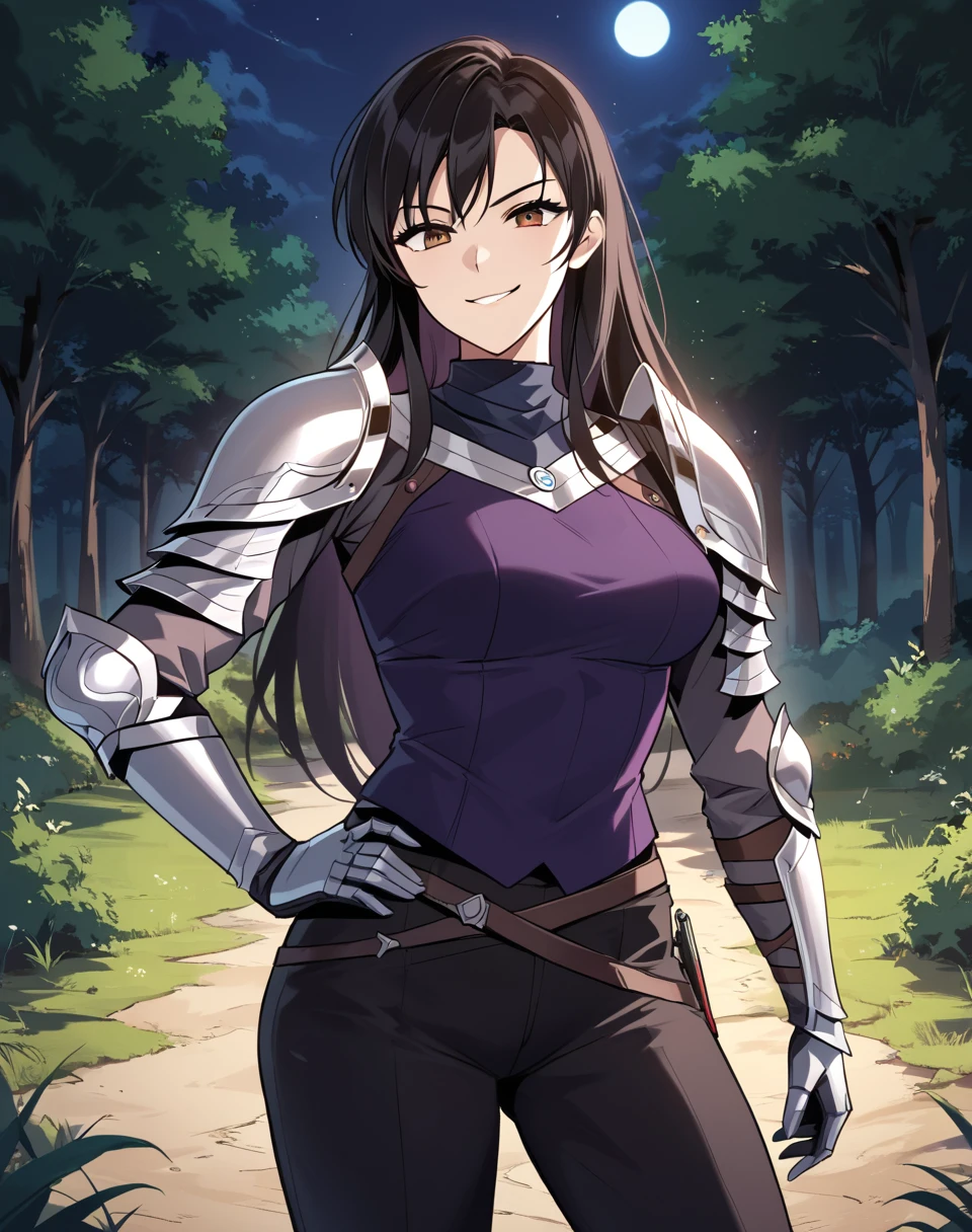 Ignet_Crescentia, black hair, brown eyes, long hair, knight clothes, shoulder armor, arm guards, gloves, black pants BREAK  outdoors, night, forest, asymmetrical background BREAK looking at viewer, smirk, proud look, hand on hip,   cowboy shot, BREAK score_9, score_8_up, score_7_up, source_anime ,zPDXL,<lora:Ignet_Crescentia:0.8>, solo