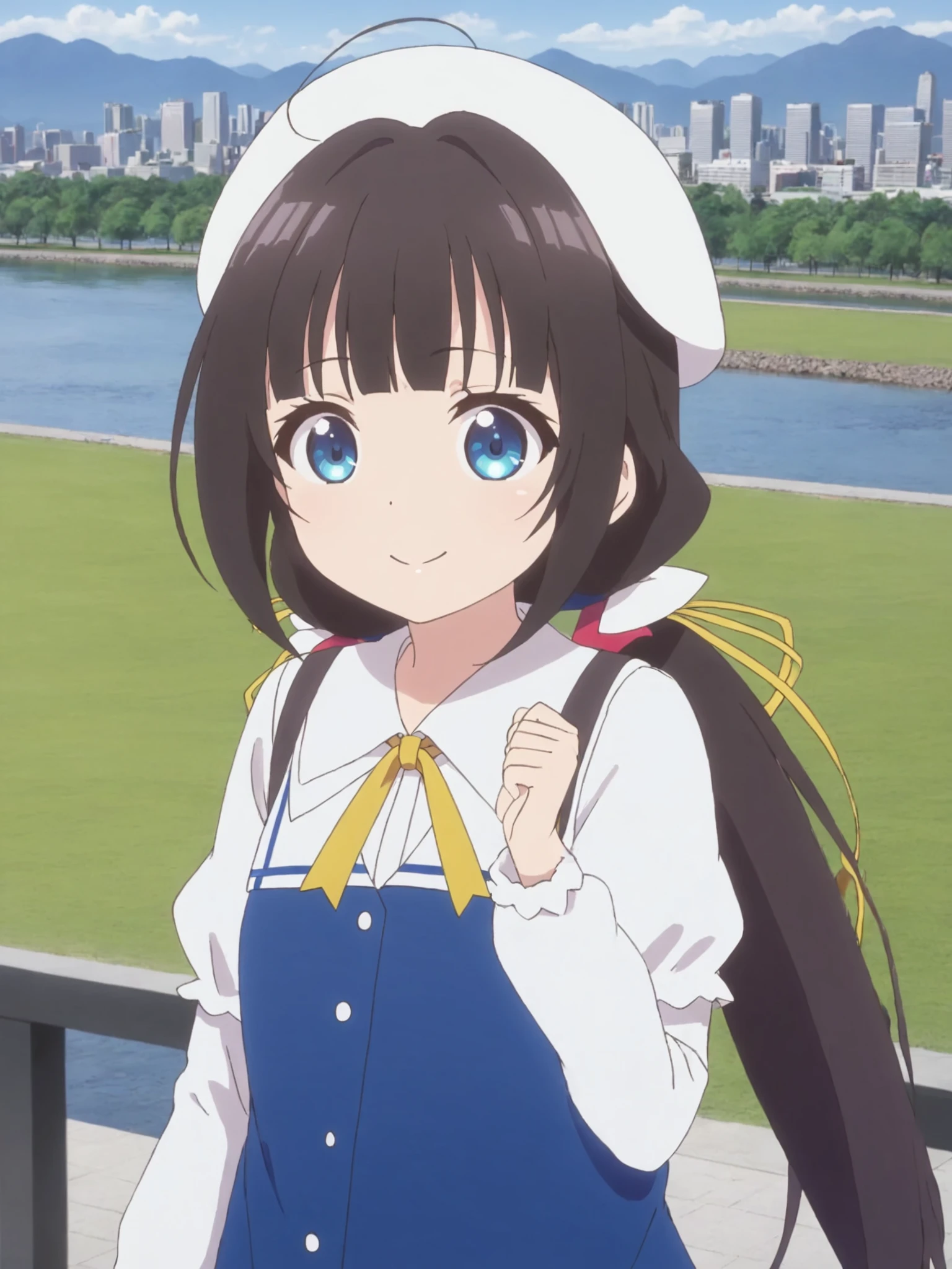 1girl,blue eyes,looking at viewer,black hair,hair ribbon,hinatsuru ai,indoors,looking at viewer,low twintails,school_uniform_dress,solo,white short over long sleeves,white sleeves,yellow ribbon,ahoge,park,skyline,river,mountain,smile,white beret,<lora:Hinatsuru ai[winter]-SDXL-lora-2024.10.20-version1-000033:0.45>