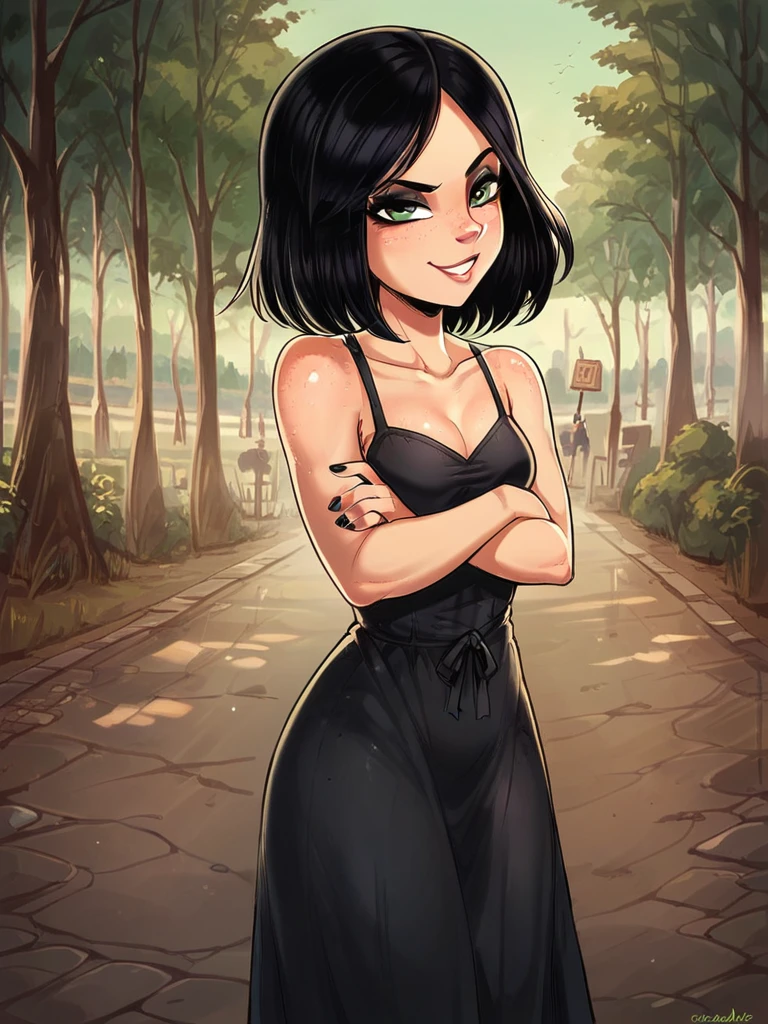 score_9, score_8_up, score_7_up, 
1girl, vault meat, black hair, medium hair, eyeshadow, eyeliner, green eyes, parted bangs, small breasts, black dress, sundress, standing, outdoors, park, smile, narrowed eyes, looking at viewer, crossed arms, black nails, 